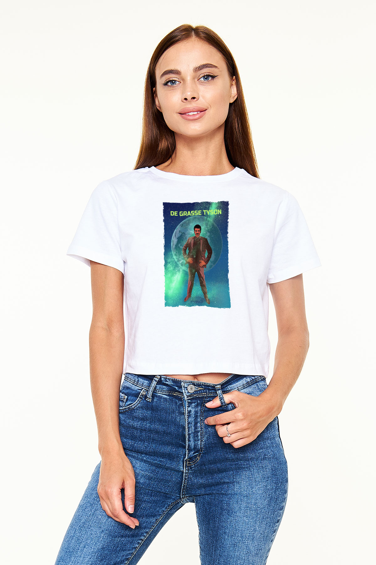 Neil De Grasse Tyson Baskılı Kadın Crop Top Beyaz Tişört