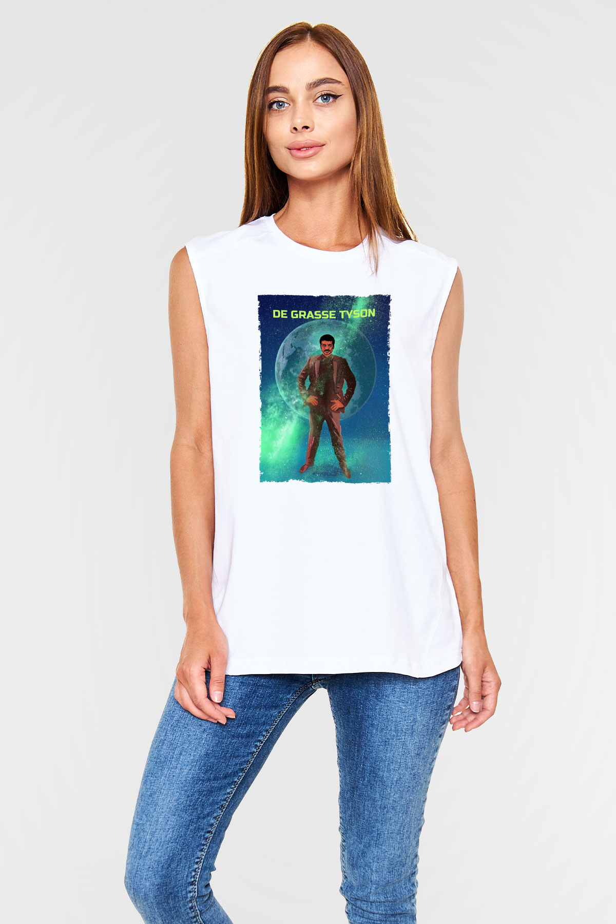 Neil De Grasse Tyson Baskılı Unisex Kolsuz Beyaz Tişört - Tshirt