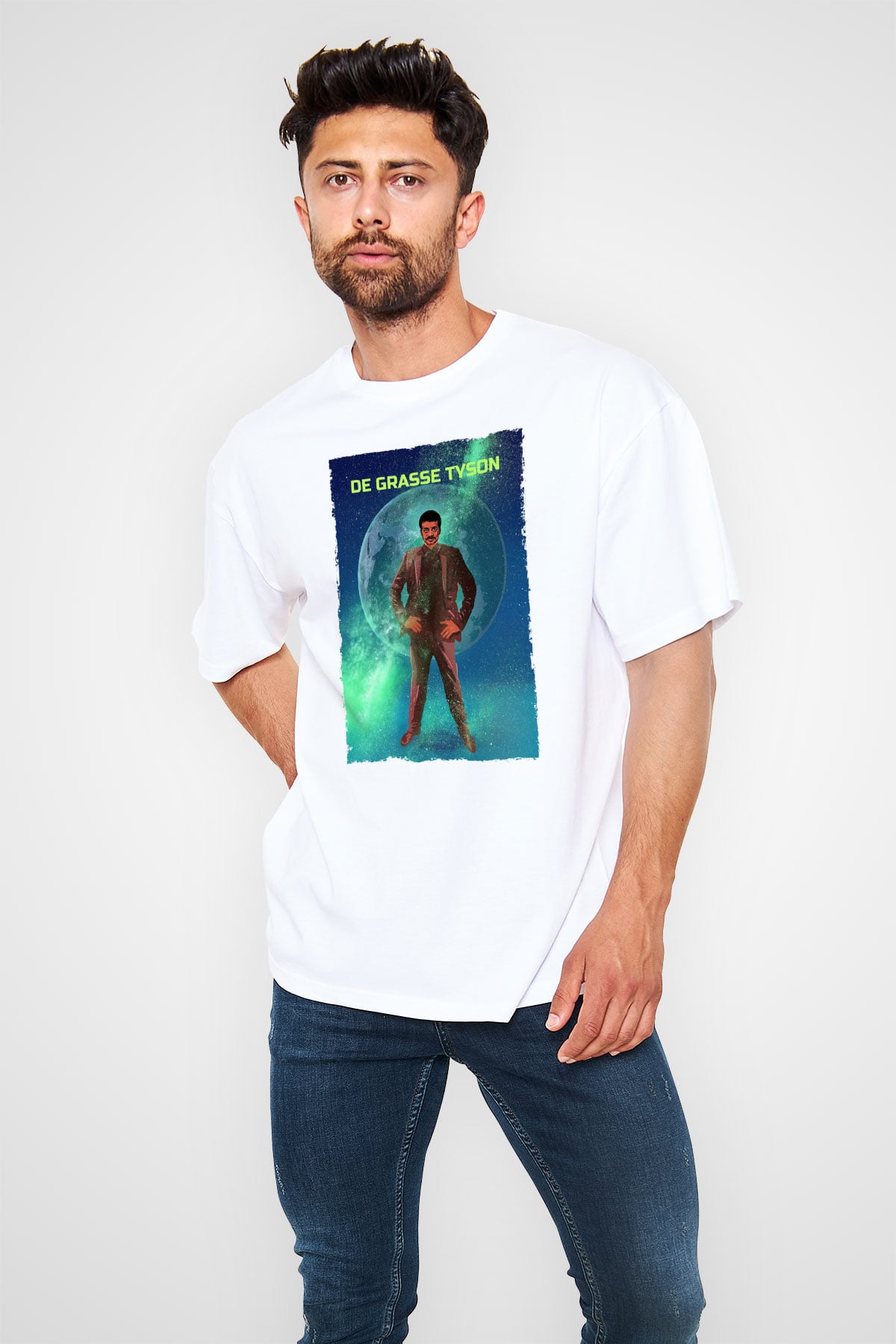Neil De Grasse Tyson Baskılı Unisex Oversize Beyaz Tişört - Tshirt