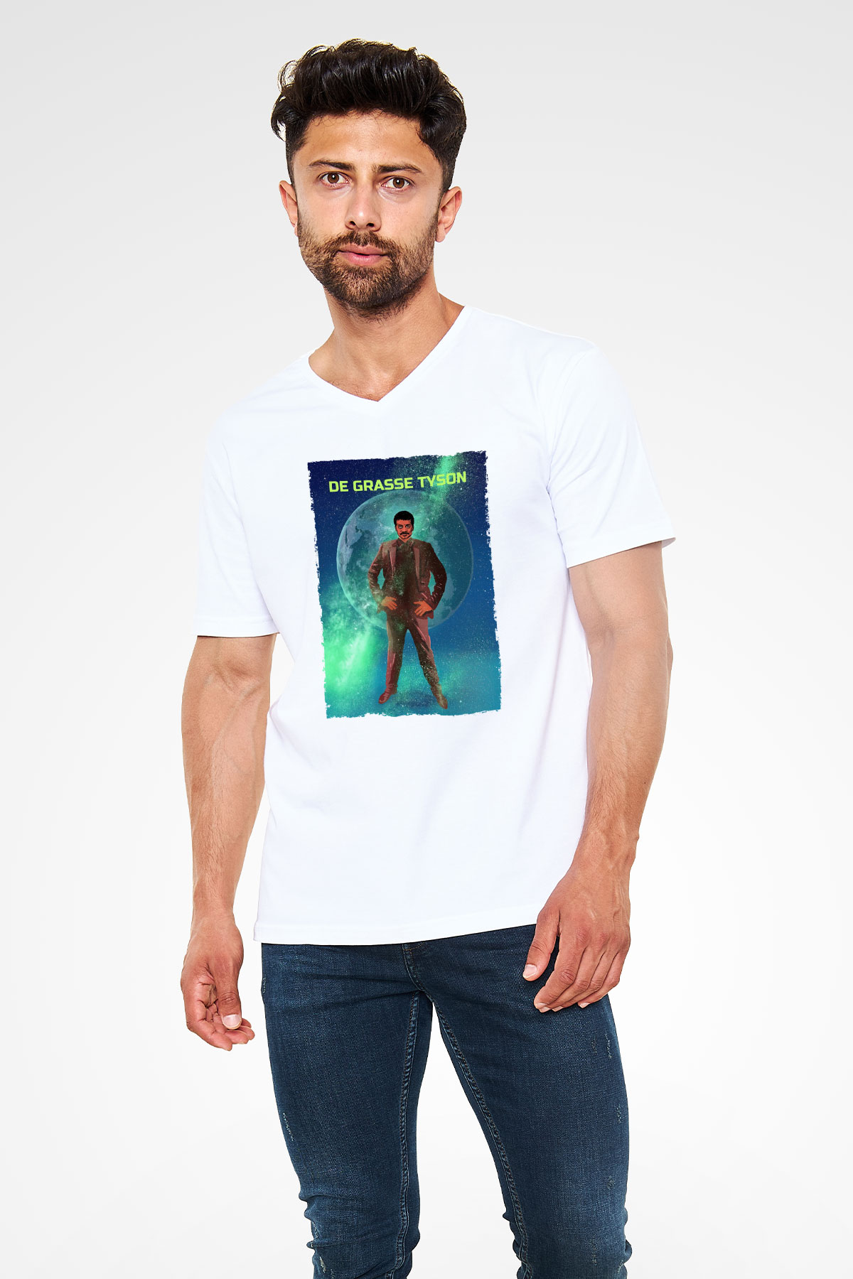 Neil De Grasse Tyson Baskılı Unisex V Yaka Beyaz Tişört - Tshirt