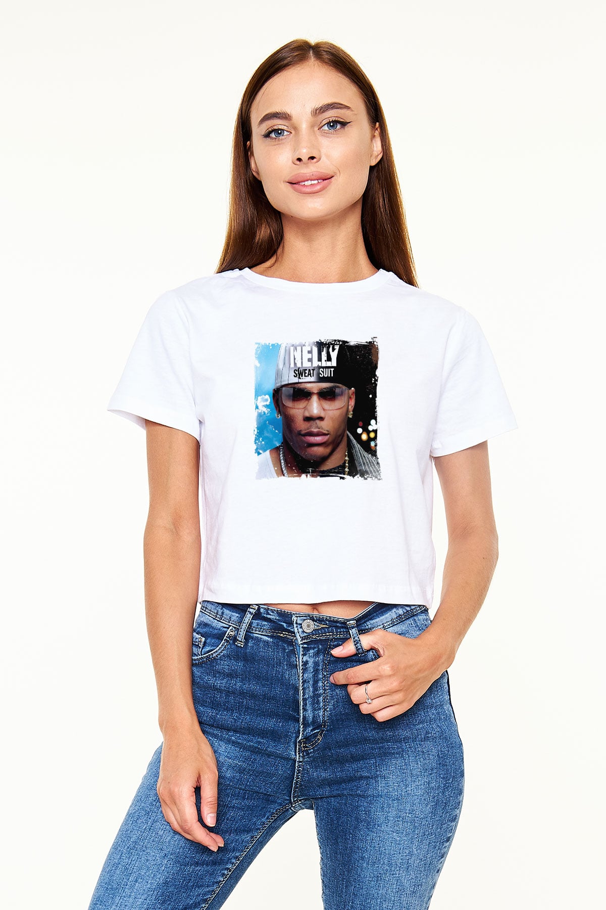 Nelly Baskılı Beyaz Kadın Crop Top Tişört