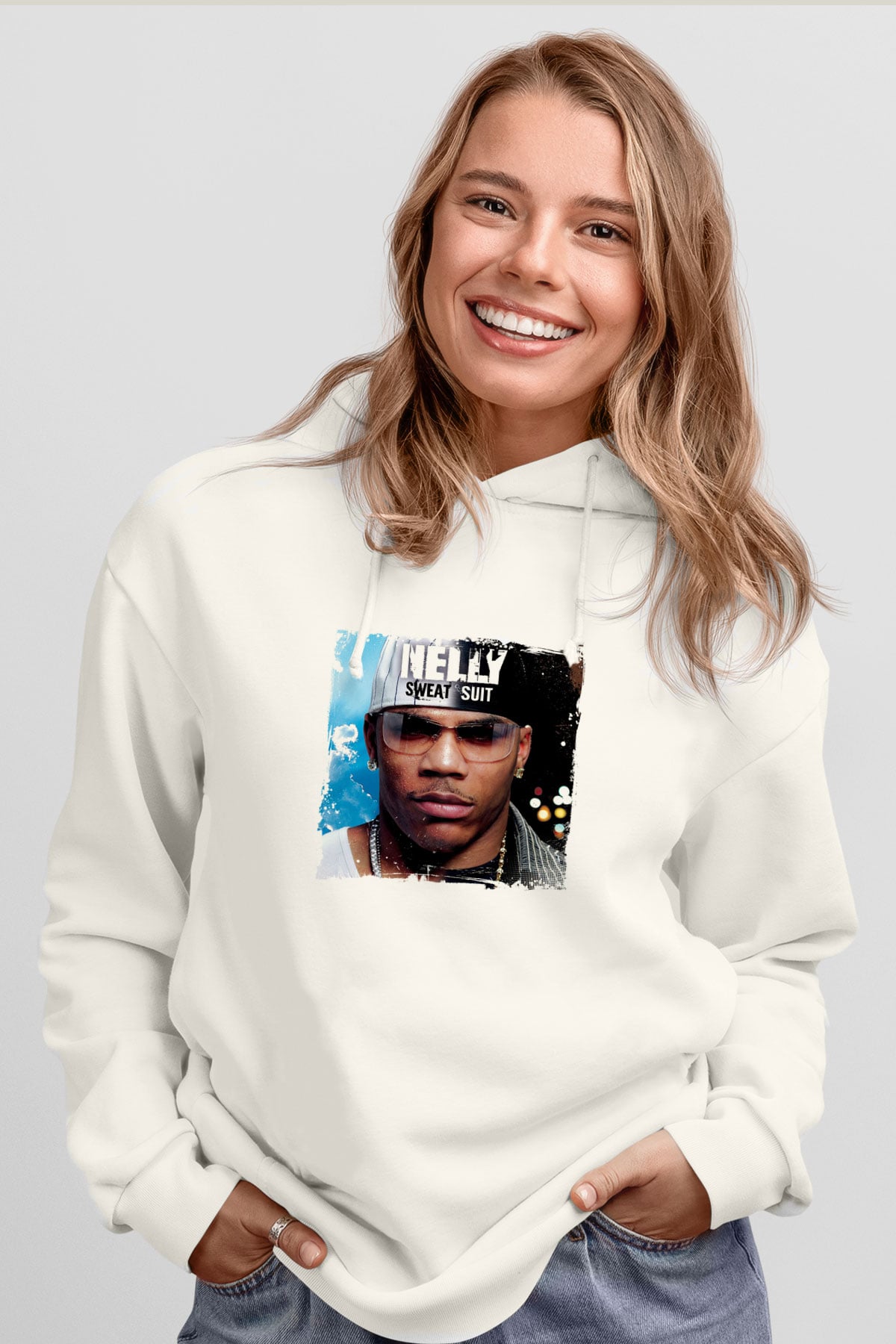 Nelly Baskılı Unisex Beyaz Kapüşonlu Sweatshirt