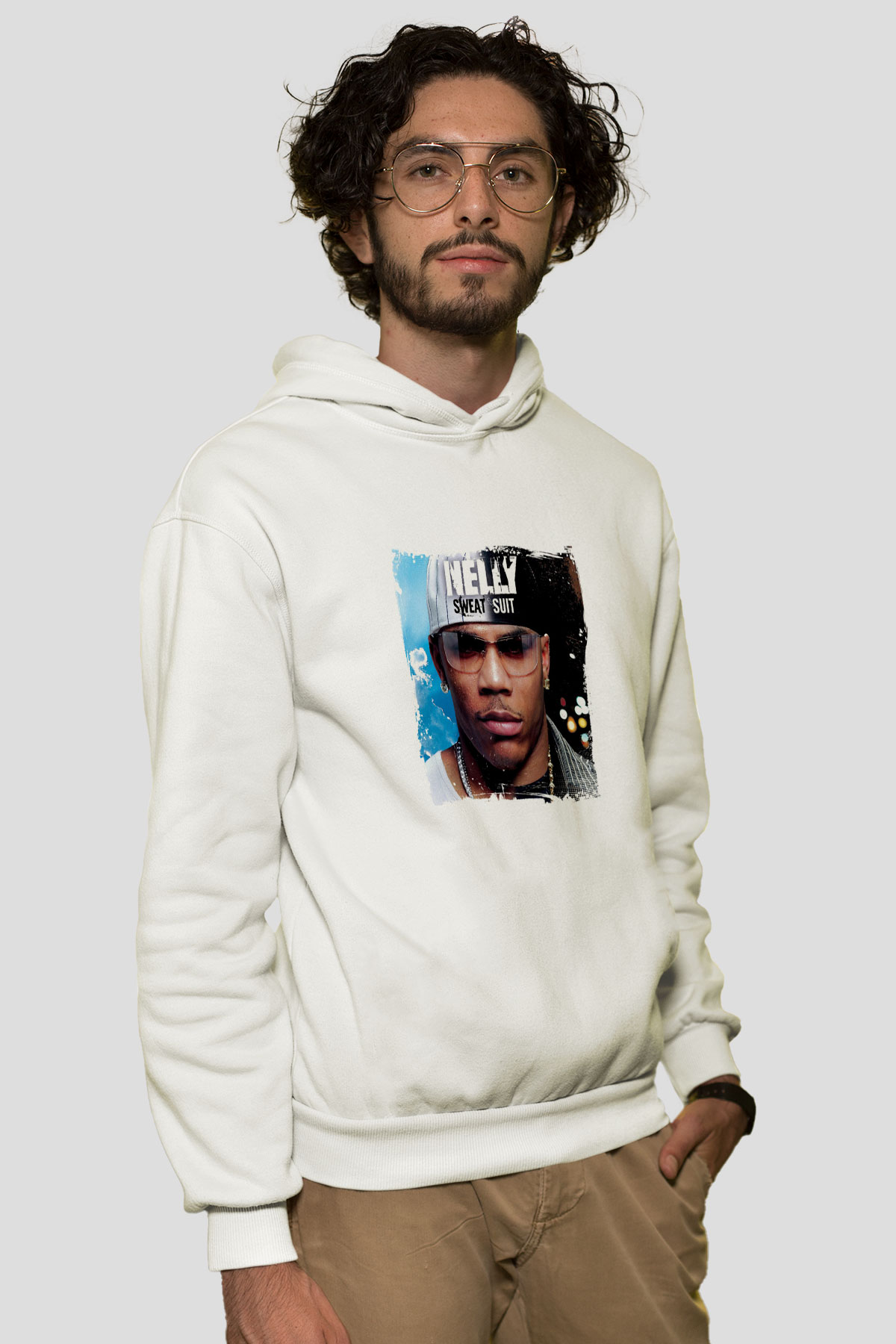 Nelly Baskılı Unisex Beyaz Kapüşonlu Sweatshirt