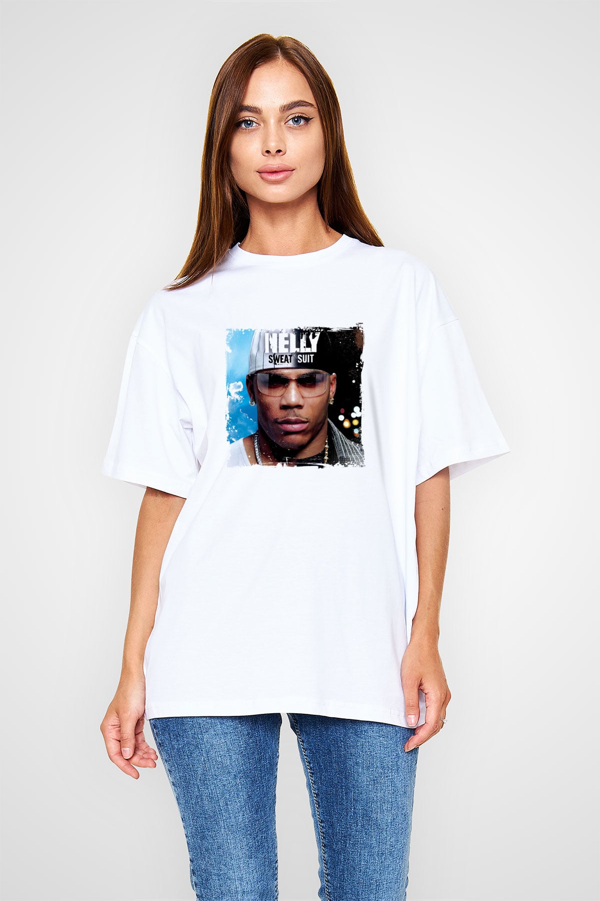 Nelly Baskılı Oversize Beyaz Tişört