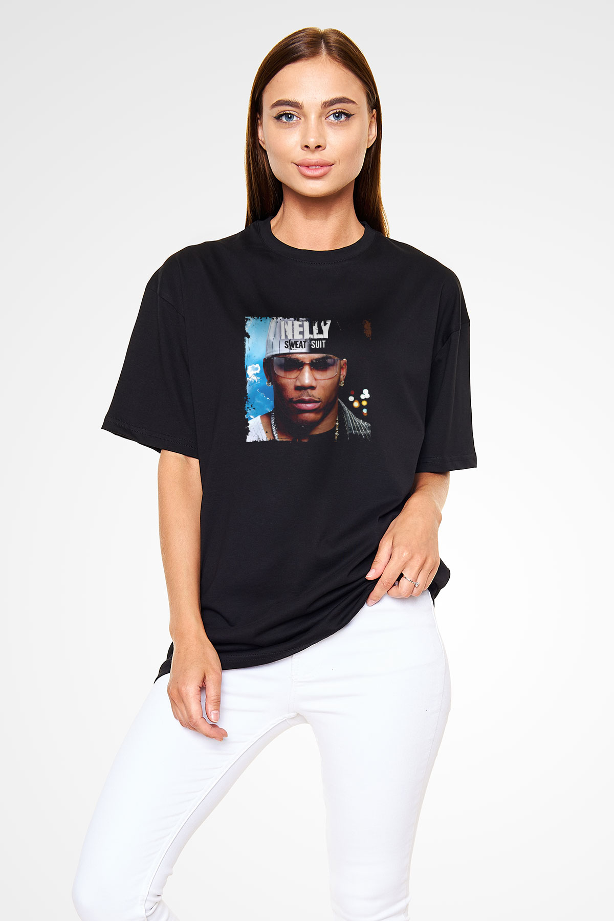 Nelly Baskılı Unisex Oversize Siyah Tişört