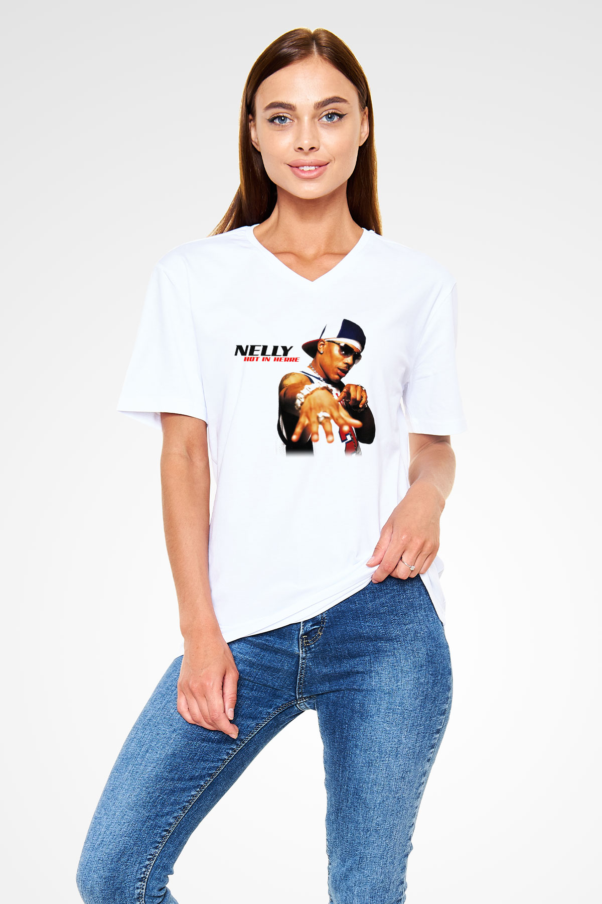 Nelly Beyaz Unisex V Yaka Tişört T-Shirt