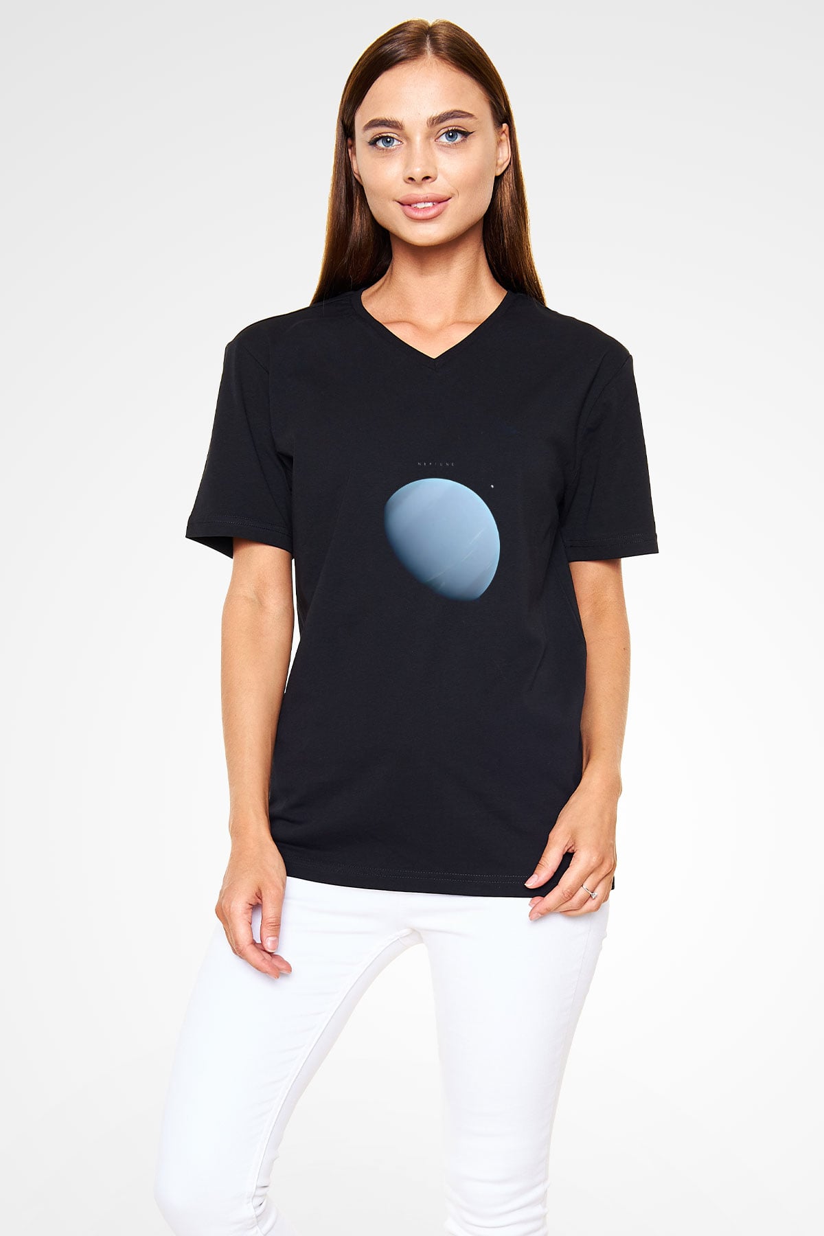 Neptün Fotoğraf Baskılı Unisex V Yaka Siyah Tİşört - Tshirt