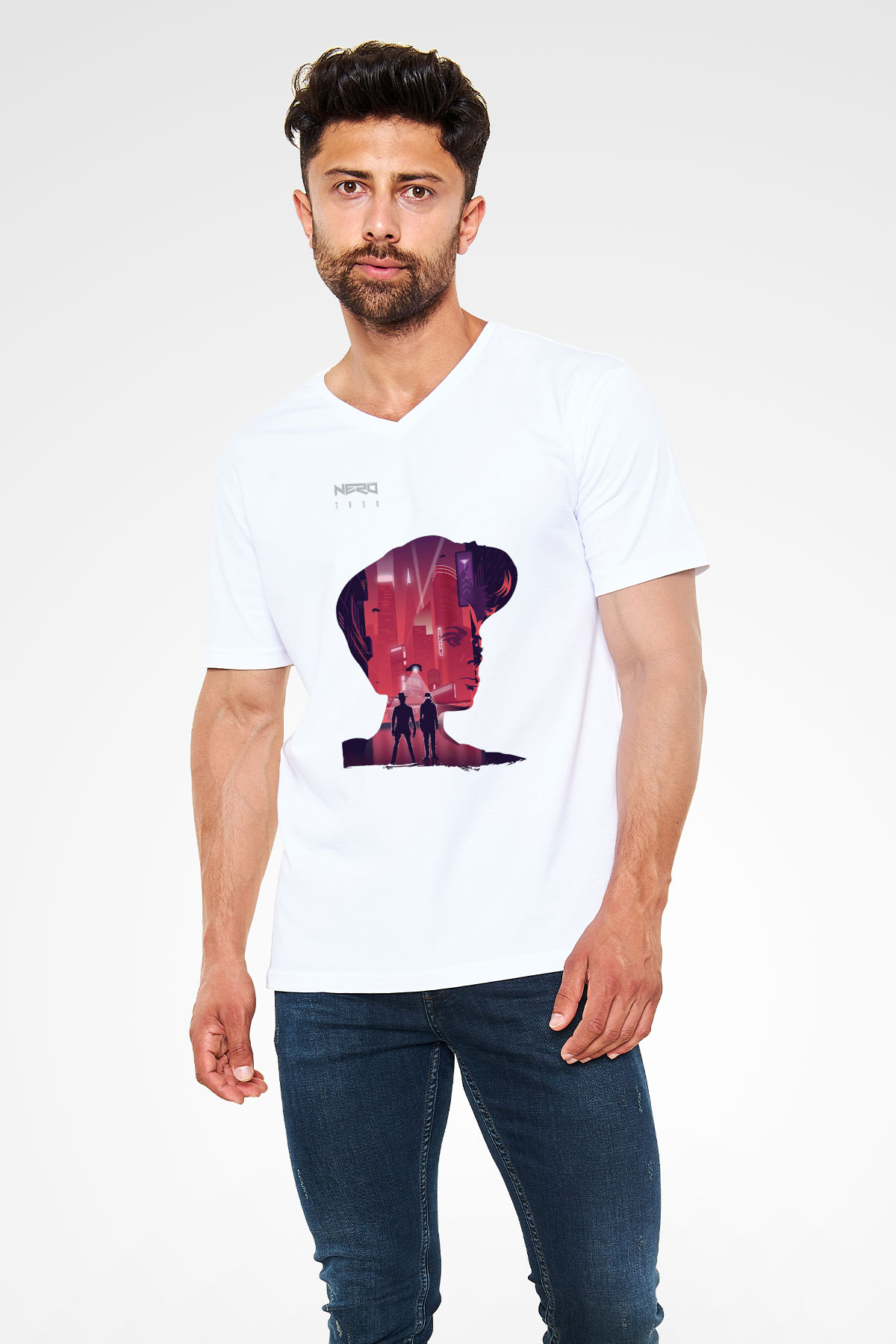 Nero Beyaz Unisex V Yaka Tişört