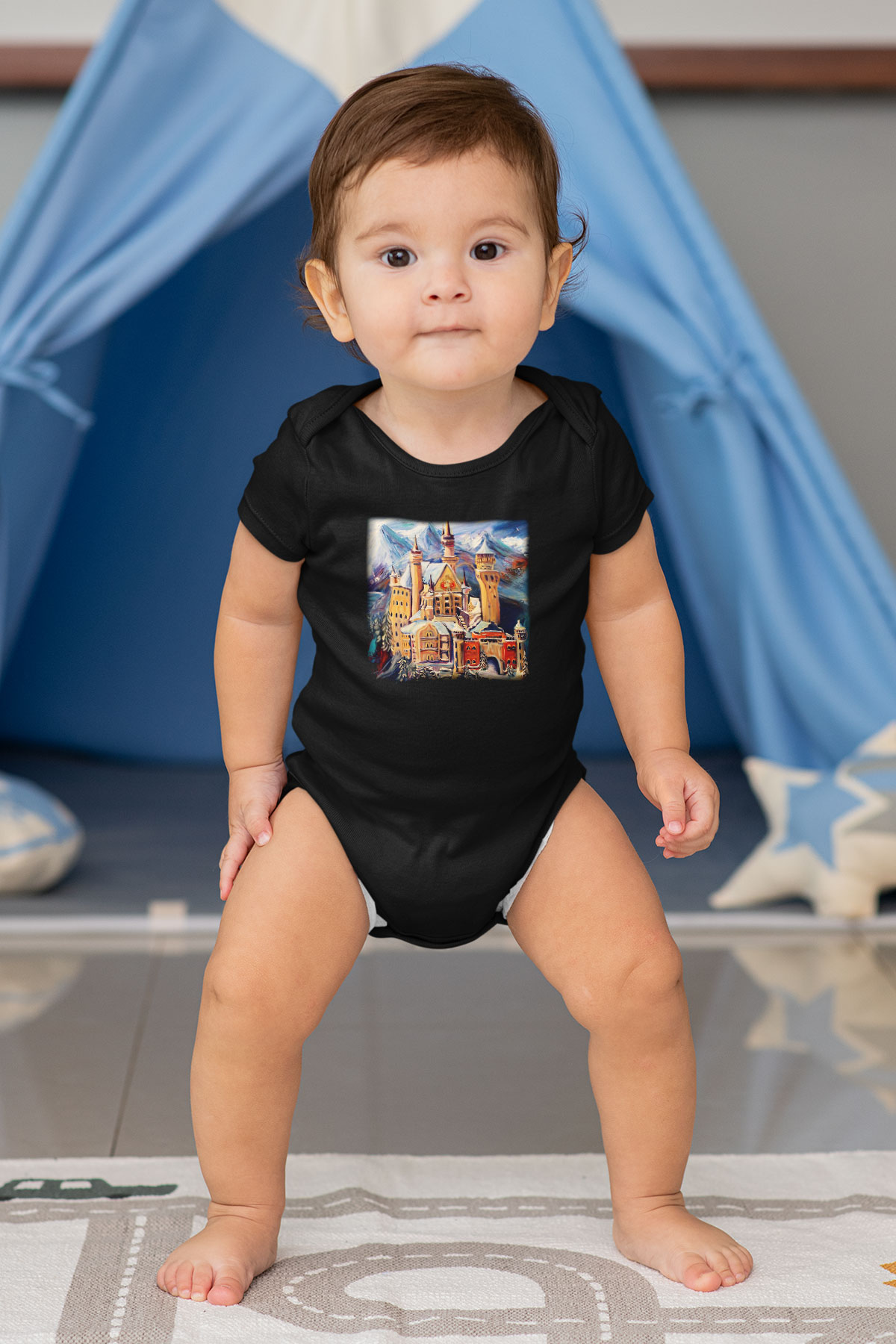 Neuschwanstein Şatosu Baskılı Siyah Bebek Body - Zıbın
