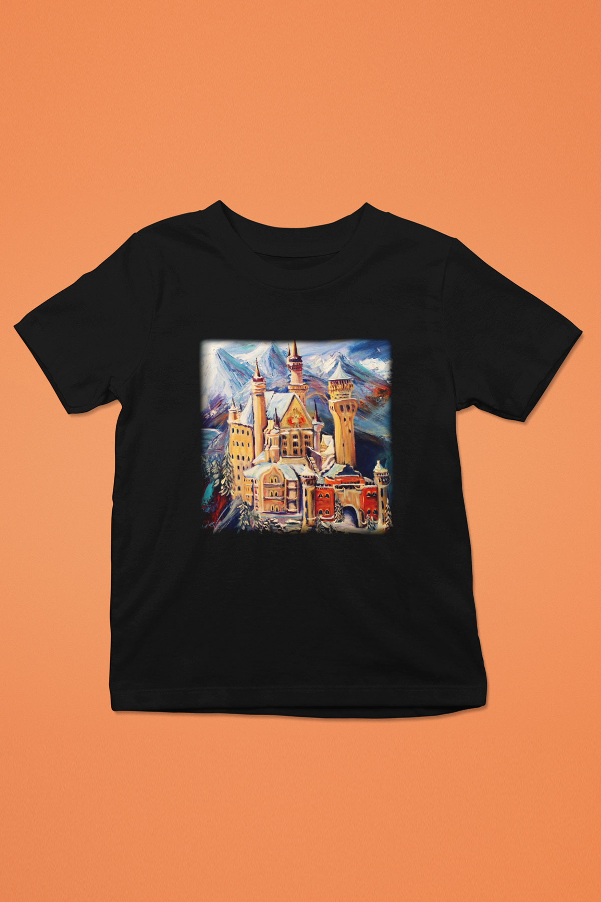 Neuschwanstein Şatosu Baskılı Siyah Unisex Çocuk Tişört
