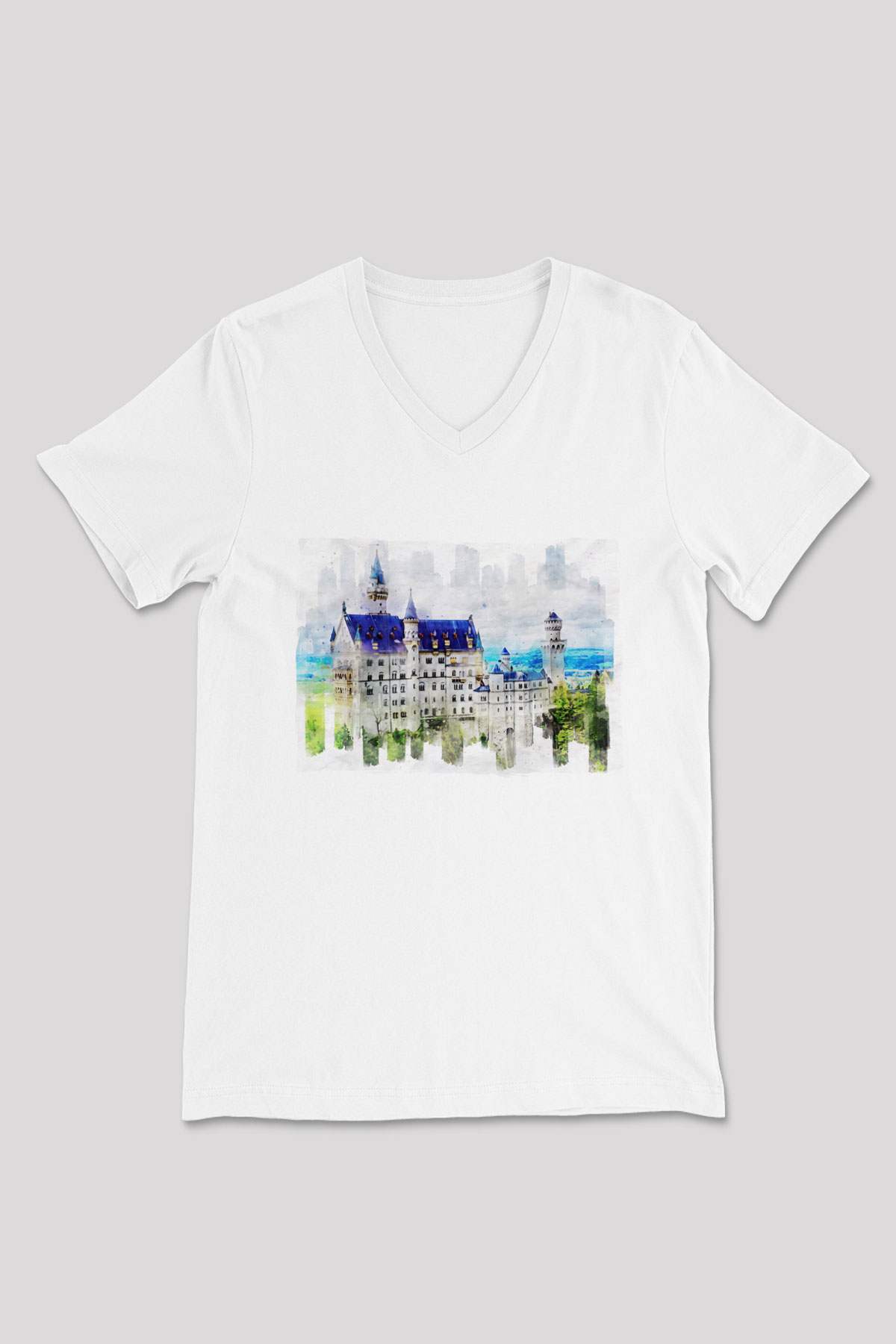 Neuschwanstein Şatosu Beyaz Unisex V Yaka Tişört