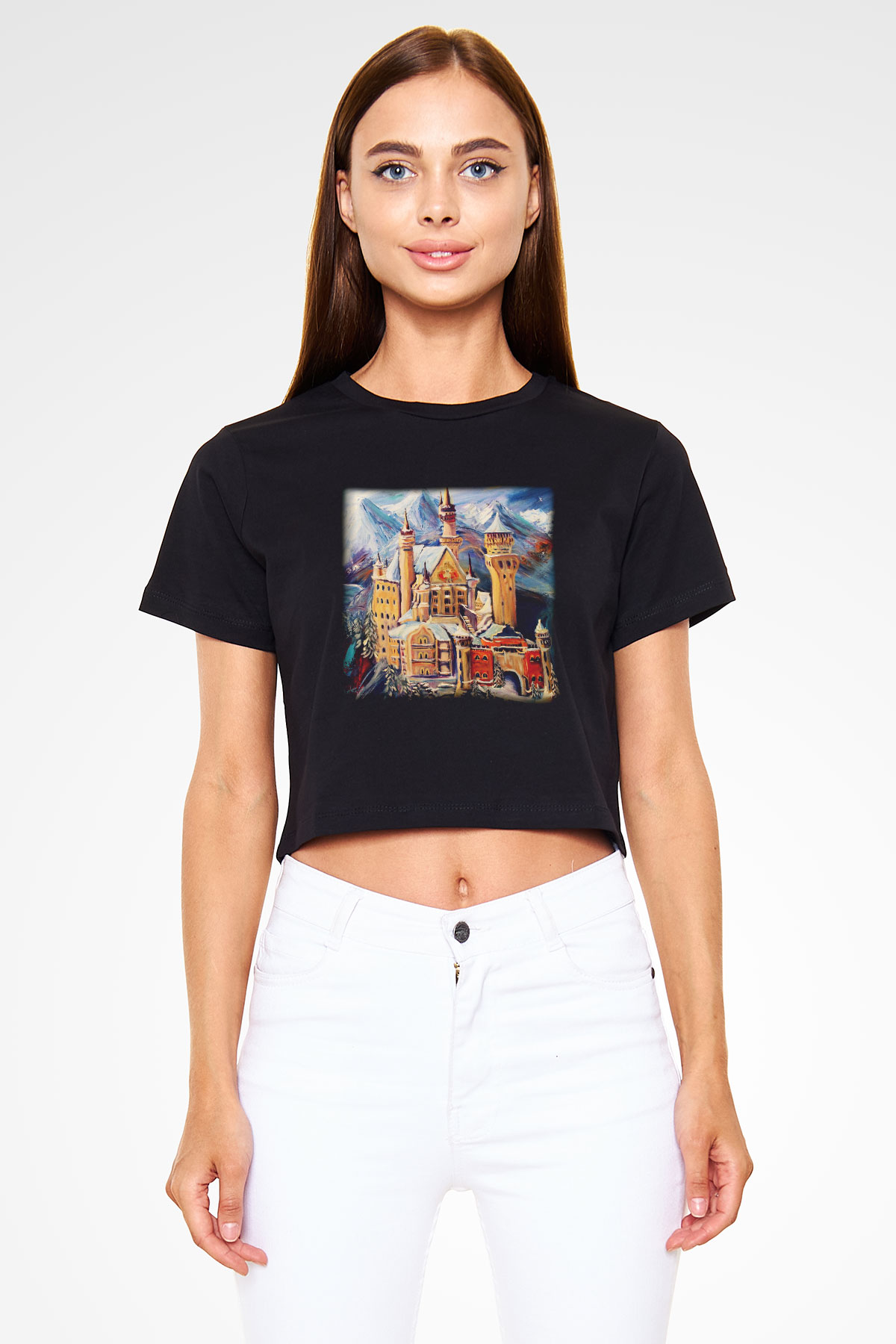 Neuschwanstein Şatosu Siyah Crop Top Tişört