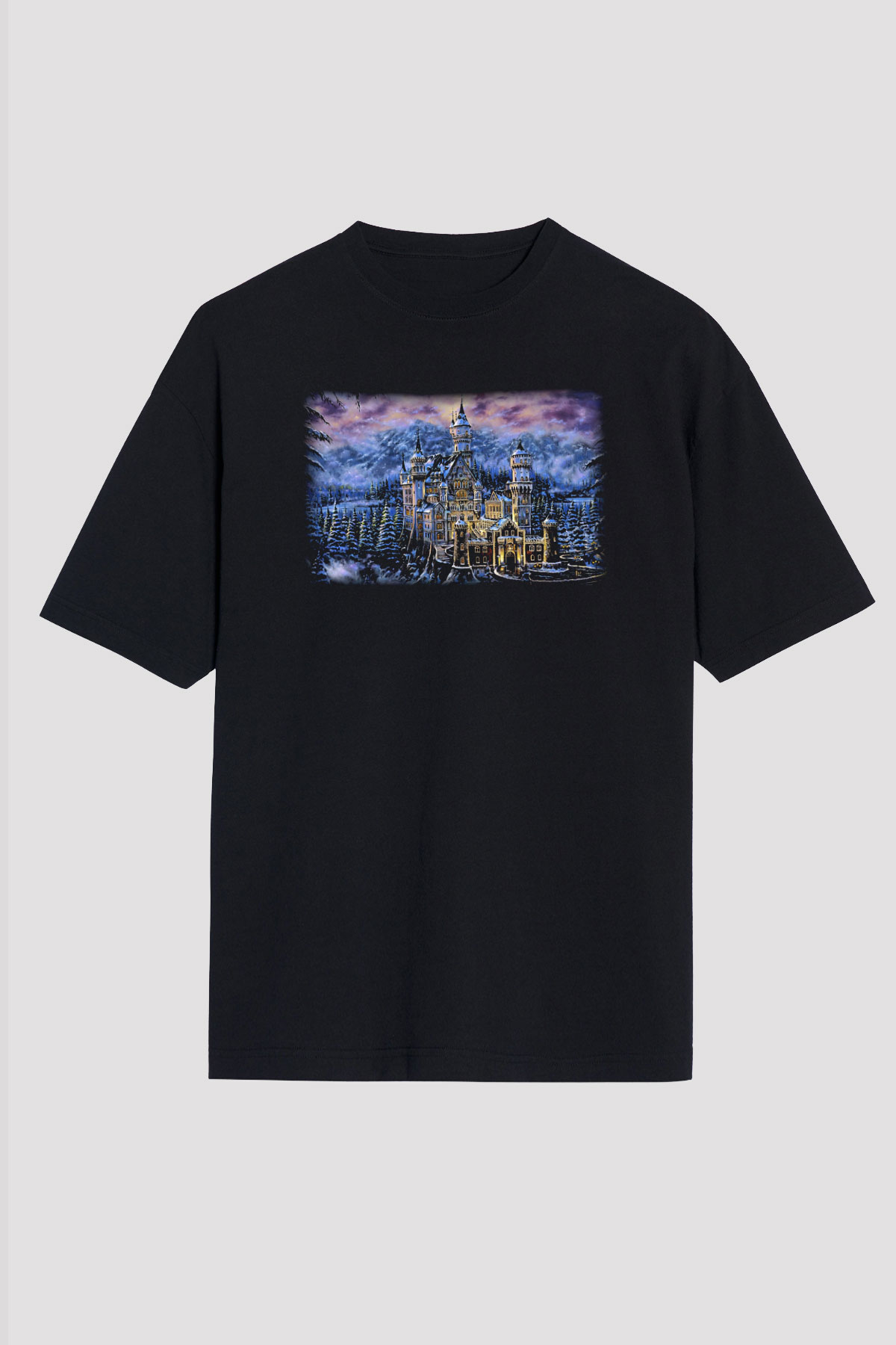 Neuschwanstein Şatosu Siyah Unisex Oversize Tişört T-Shirt