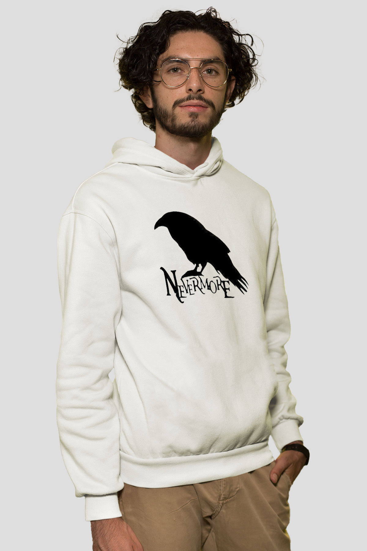 Nevermore Baskılı Beyaz Unisex Kapüşonlu Sweatshirt