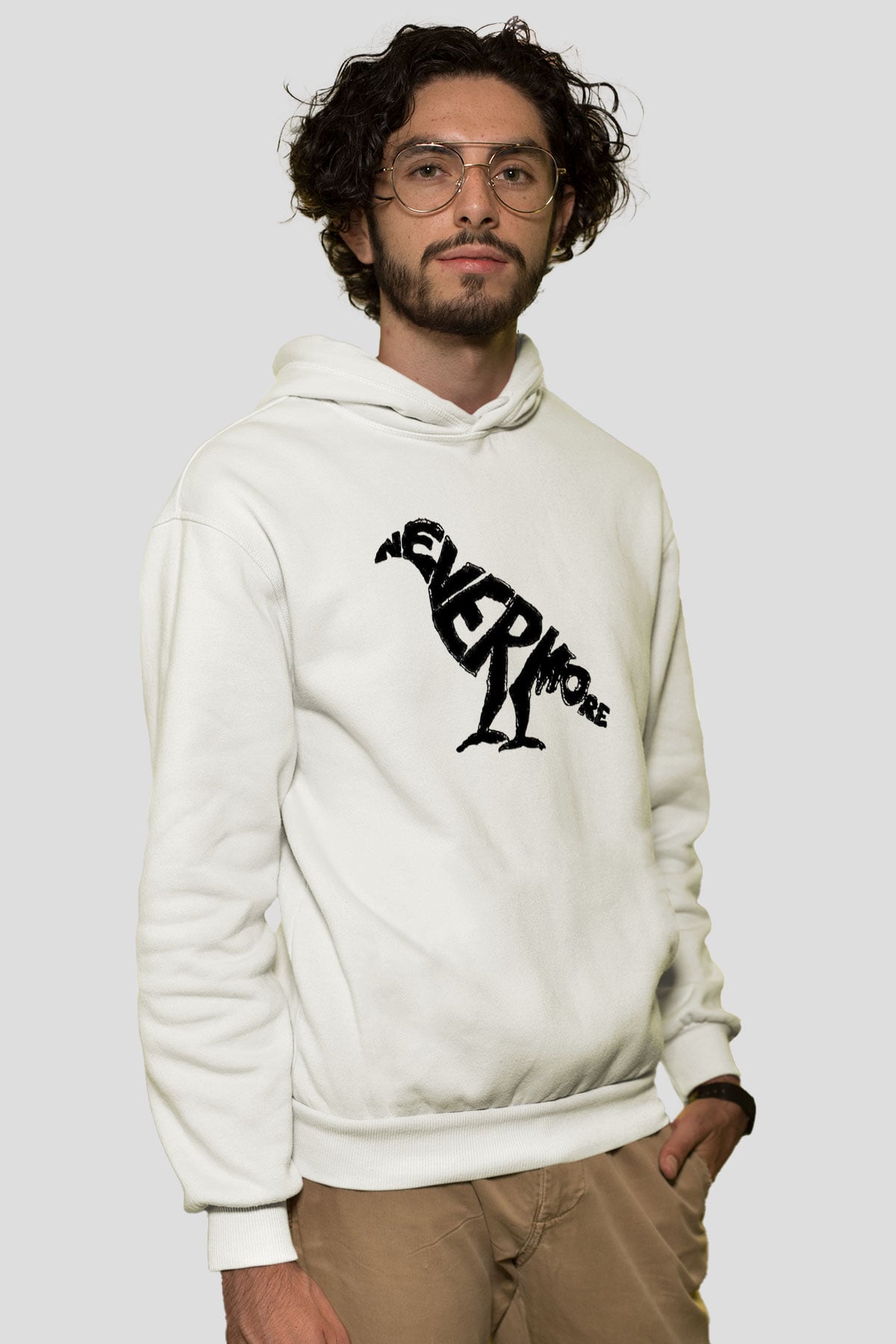 Nevermore Baskılı Beyaz Unisex Kapüşonlu Sweatshirt