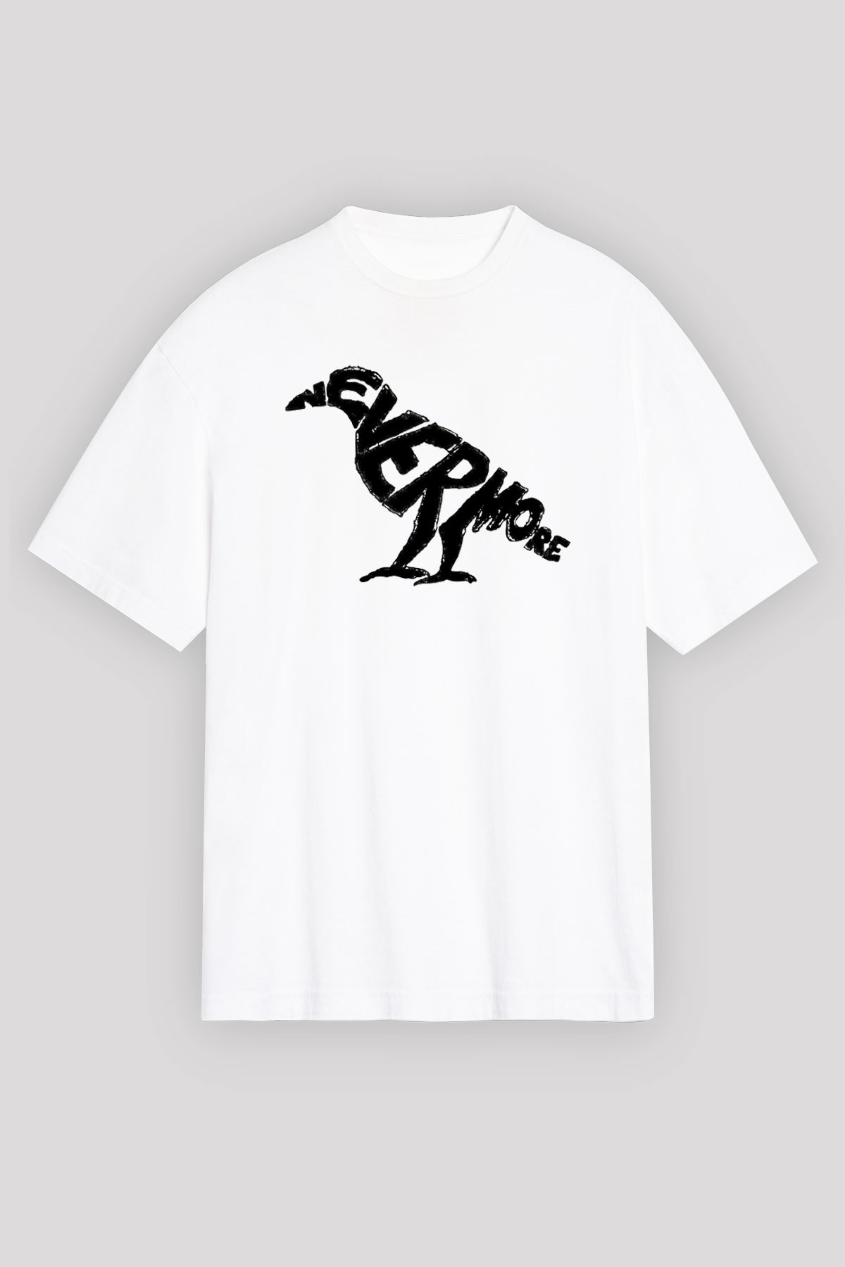 Nevermore Baskılı Beyaz Unisex Oversize Tişört - Tshirt