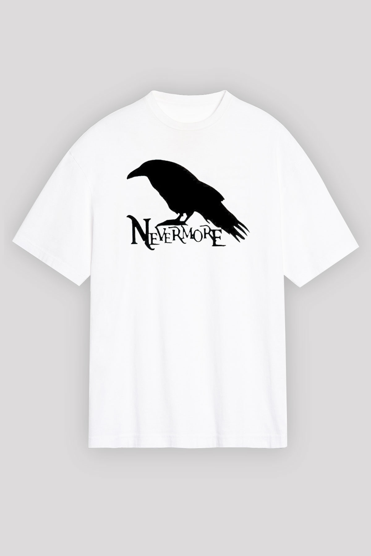 Nevermore Baskılı Beyaz Unisex Oversize Tişört - Tshirt