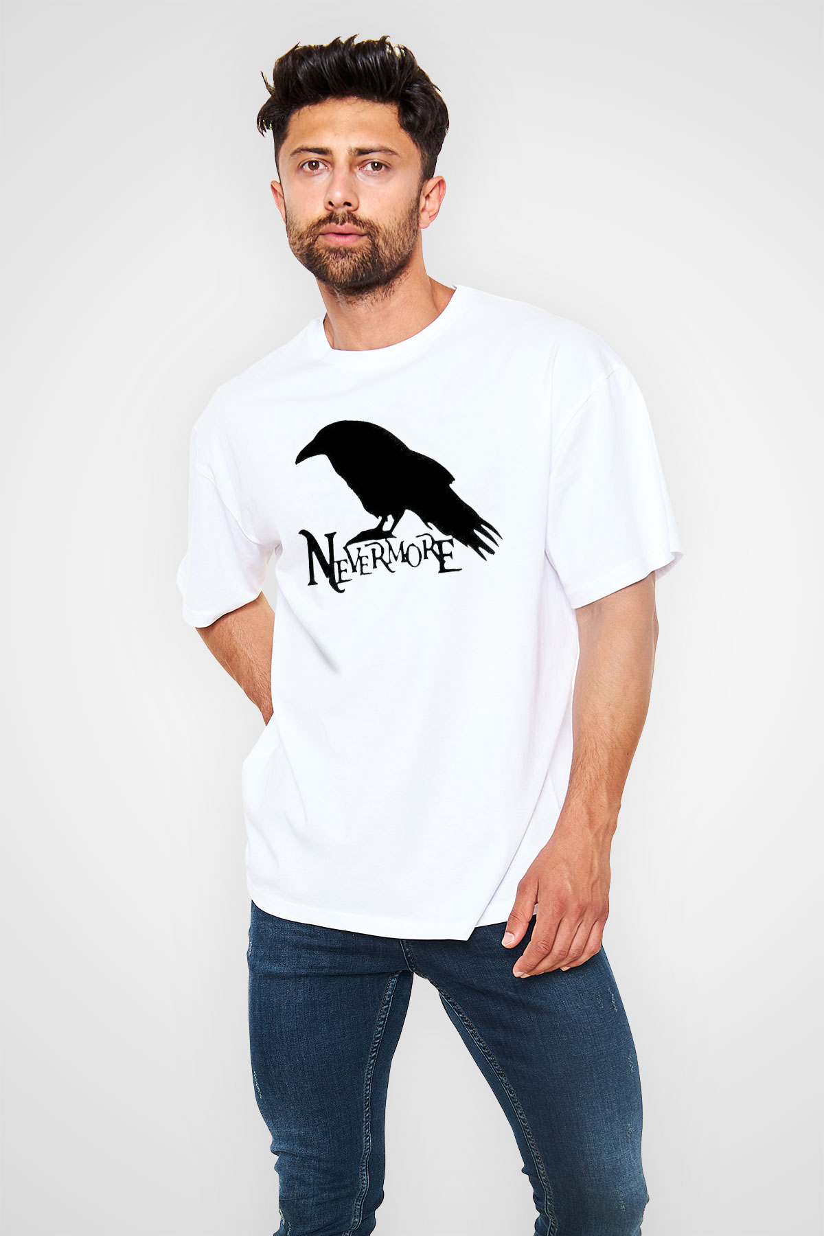 Nevermore Baskılı Beyaz Unisex Oversize Tişört - Tshirt