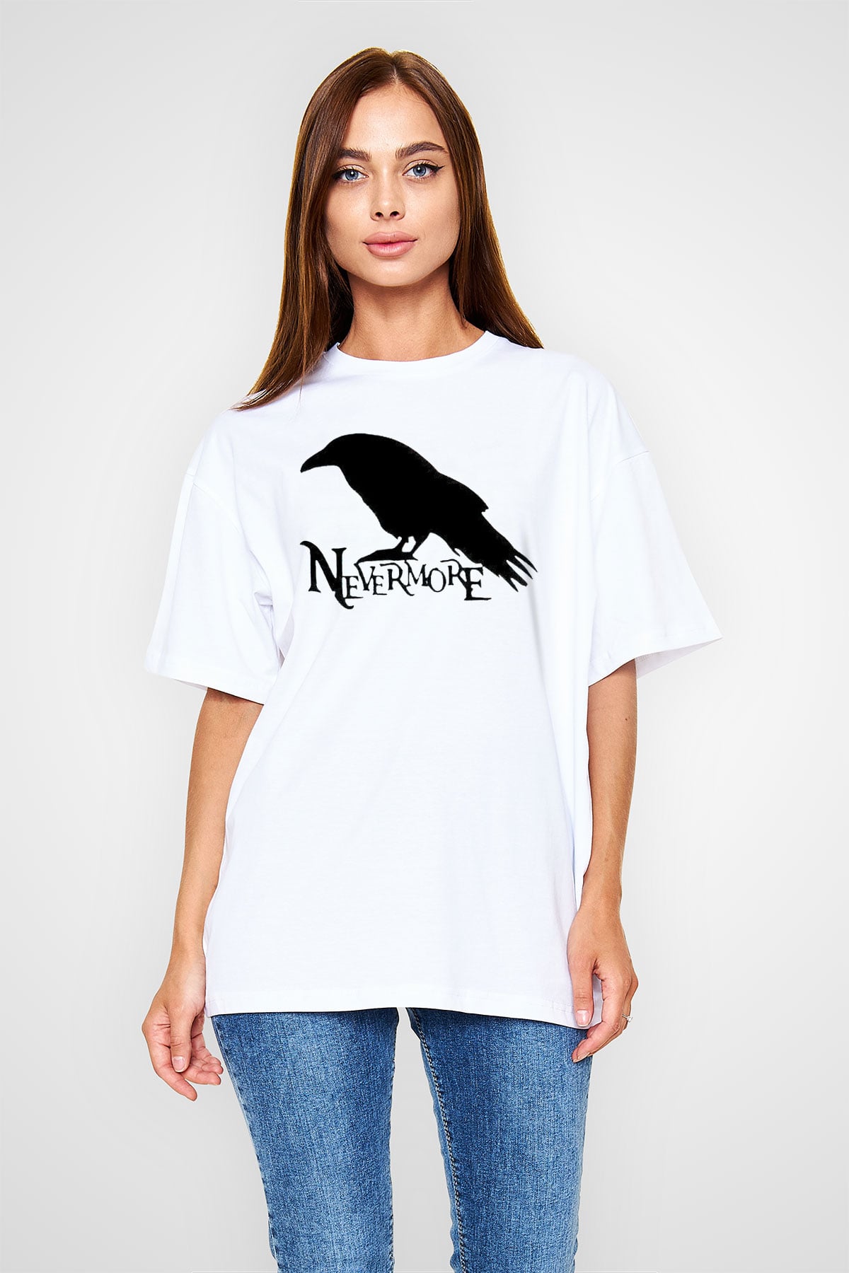 Nevermore Baskılı Beyaz Unisex Oversize Tişört - Tshirt