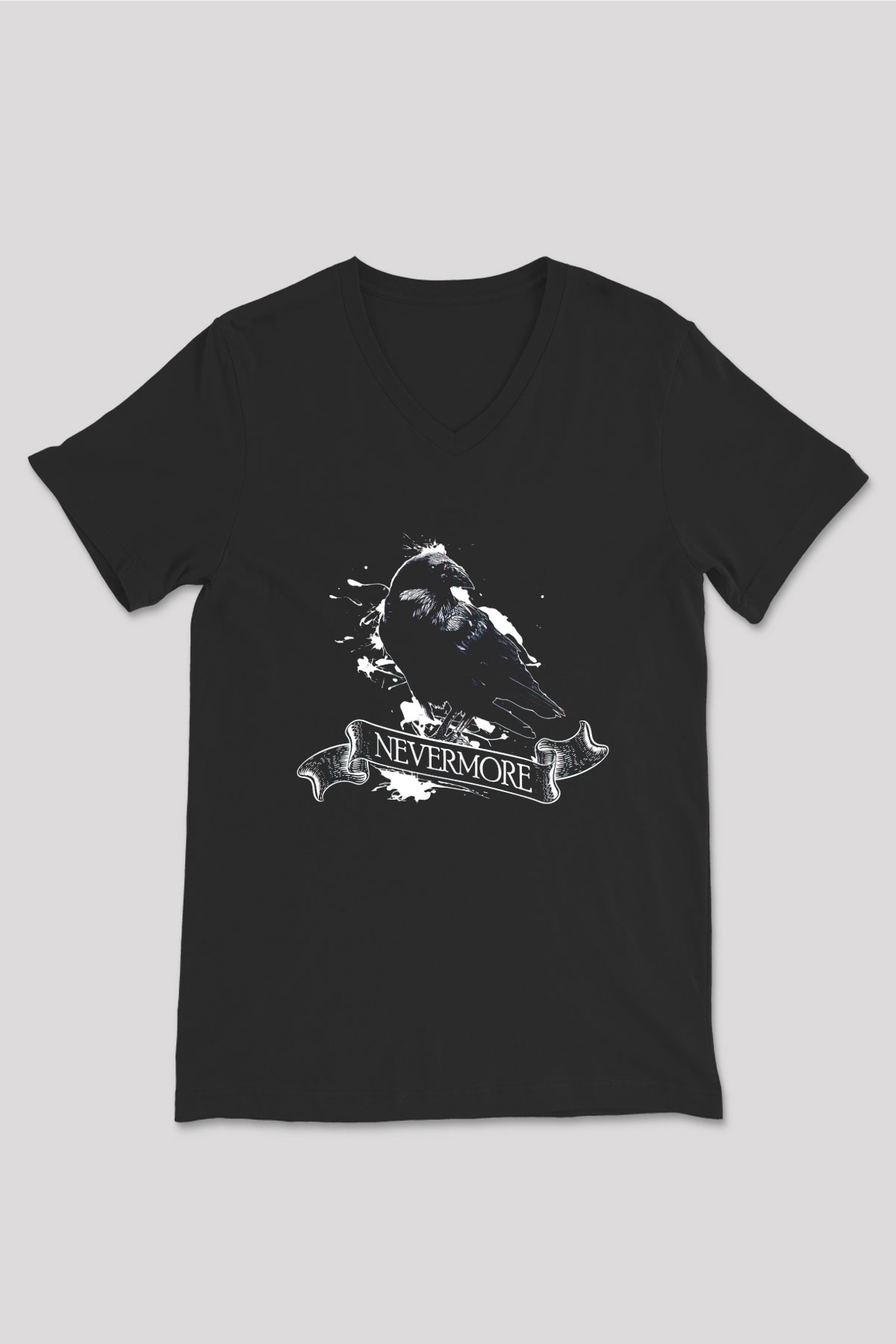Nevermore Baskılı Unisex Siyah V Yaka Tişört - Tshirt