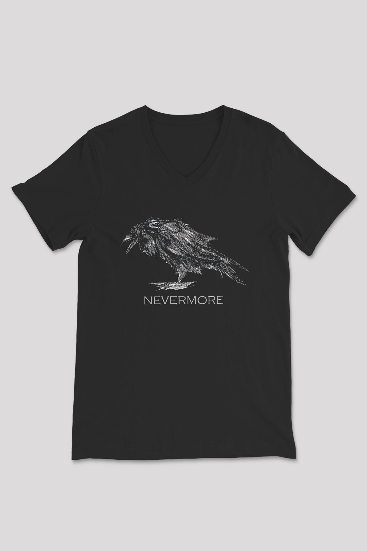 Nevermore Baskılı Unisex Siyah V Yaka Tişört - Tshirt