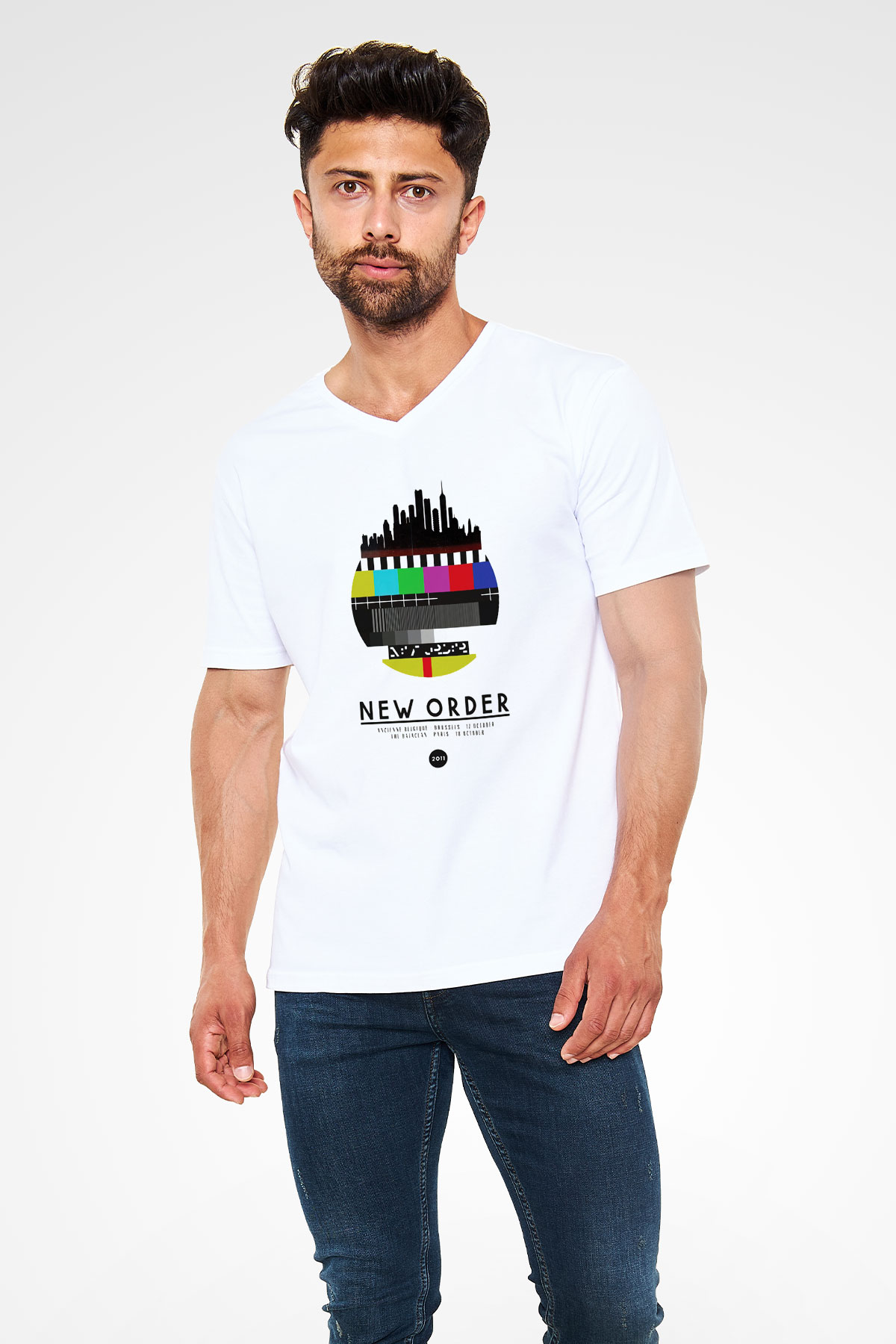 New Order Beyaz Unisex V Yaka Tişört T-Shirt