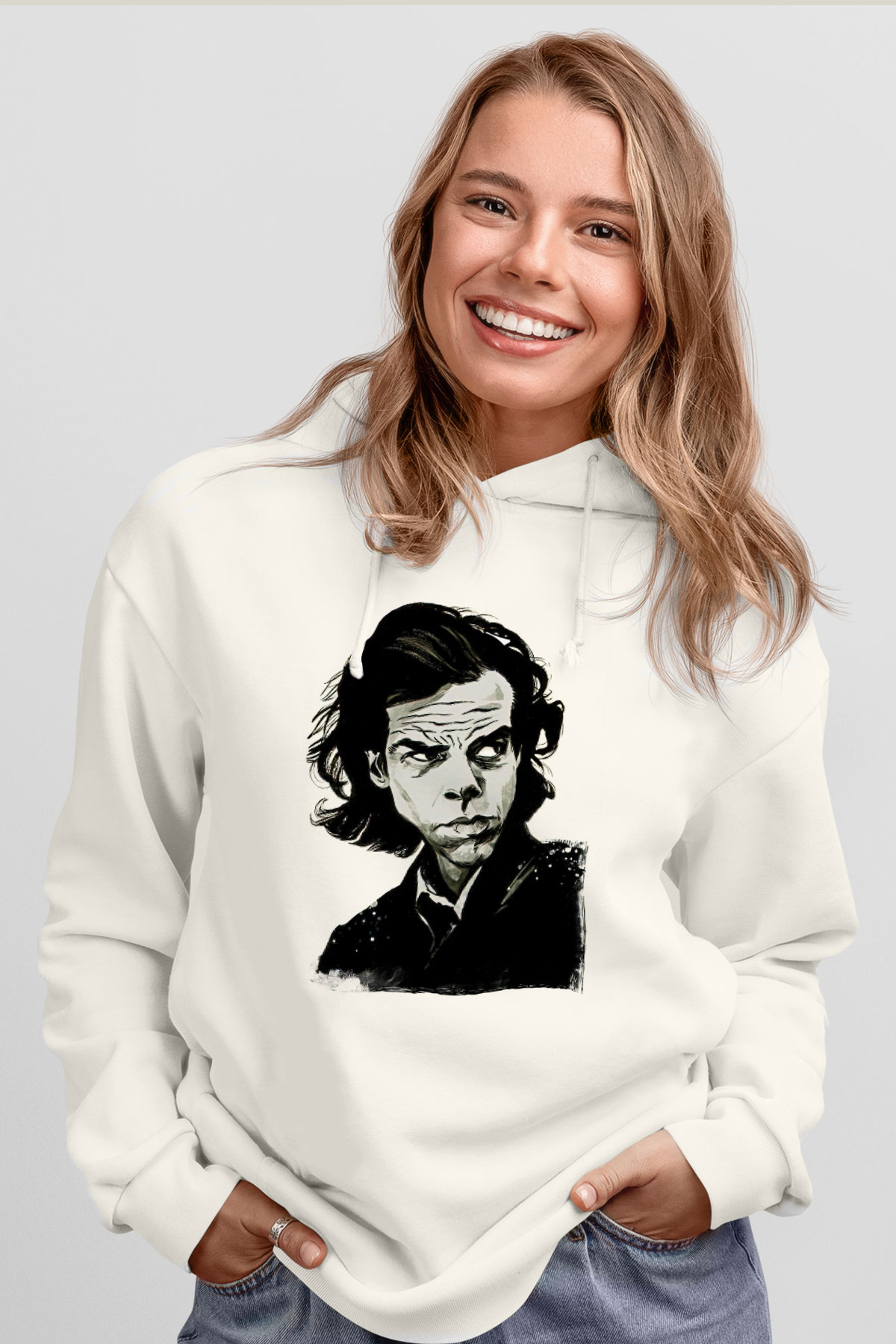 Nick Cave Baskılı Beyaz Unisex Kapüşonlu Sweatshirt