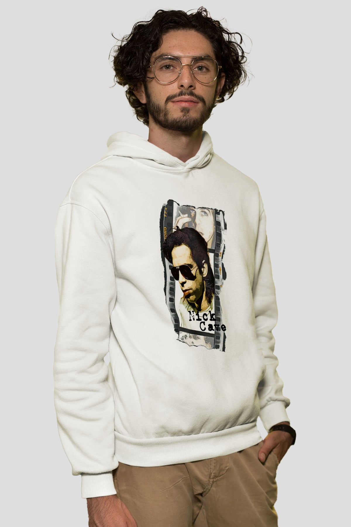 Nick Cave Baskılı Beyaz Unisex Kapüşonlu Sweatshirt