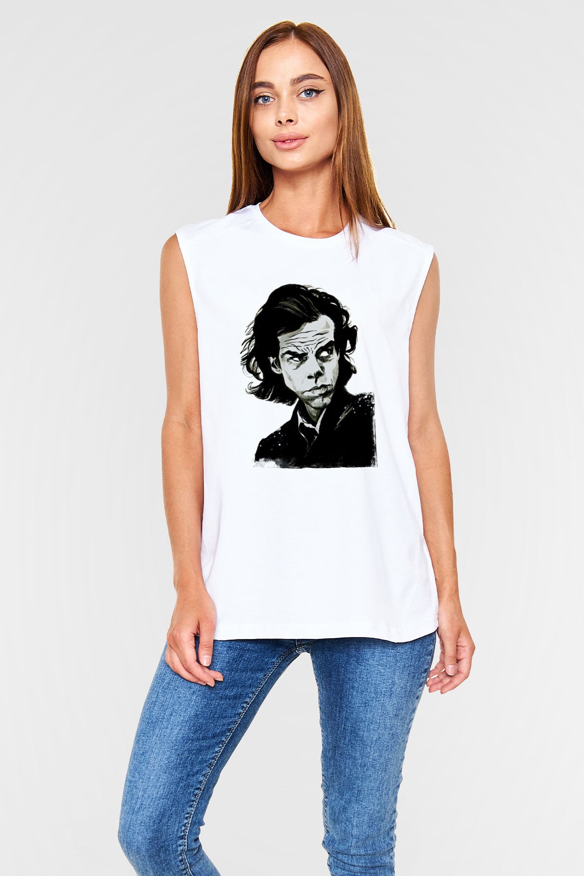 Nick Cave Baskılı Beyaz Unisex Kolsuz Tişört - Tshirt