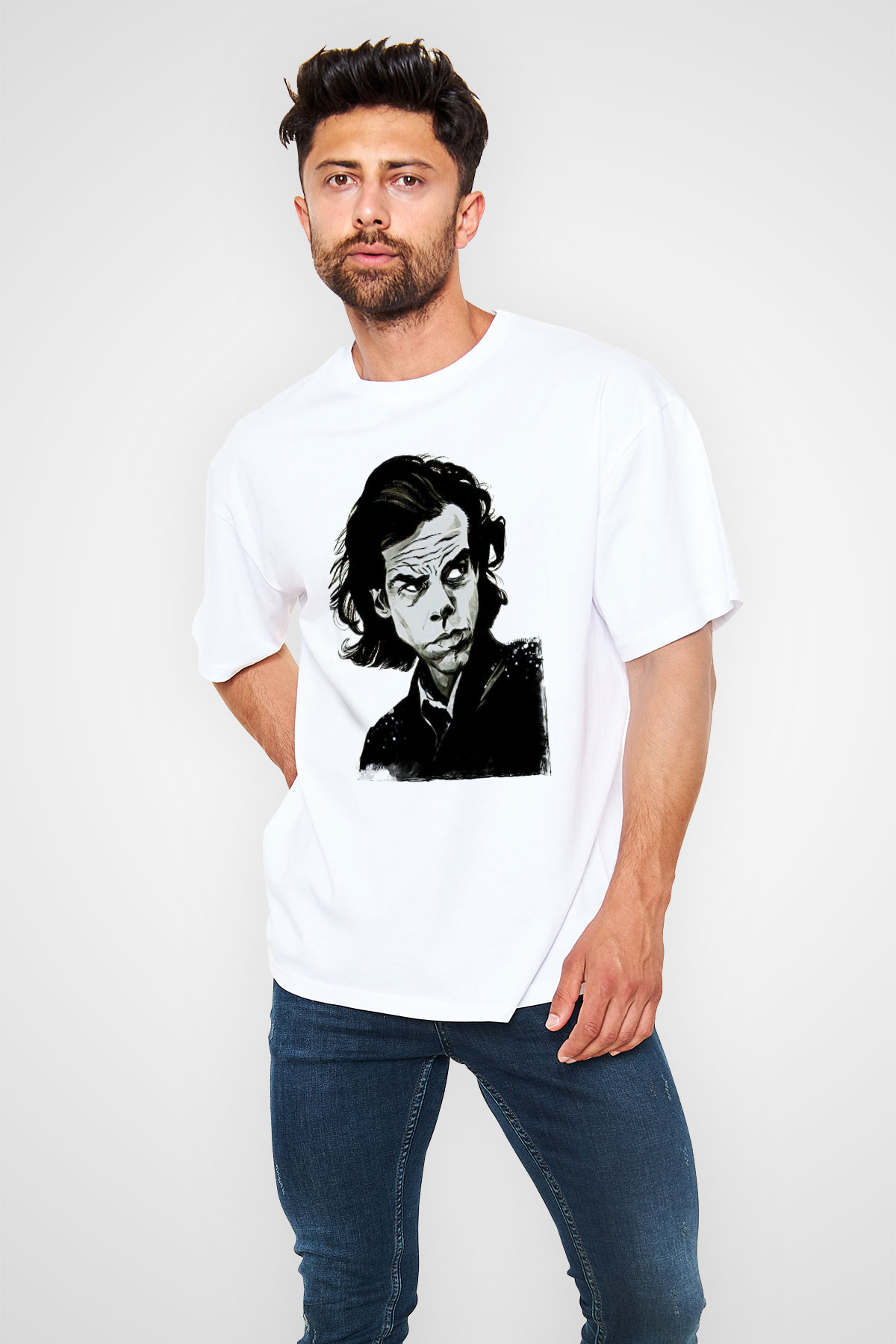 Nick Cave Baskılı Beyaz Unisex Oversize Tişört - Tshirt
