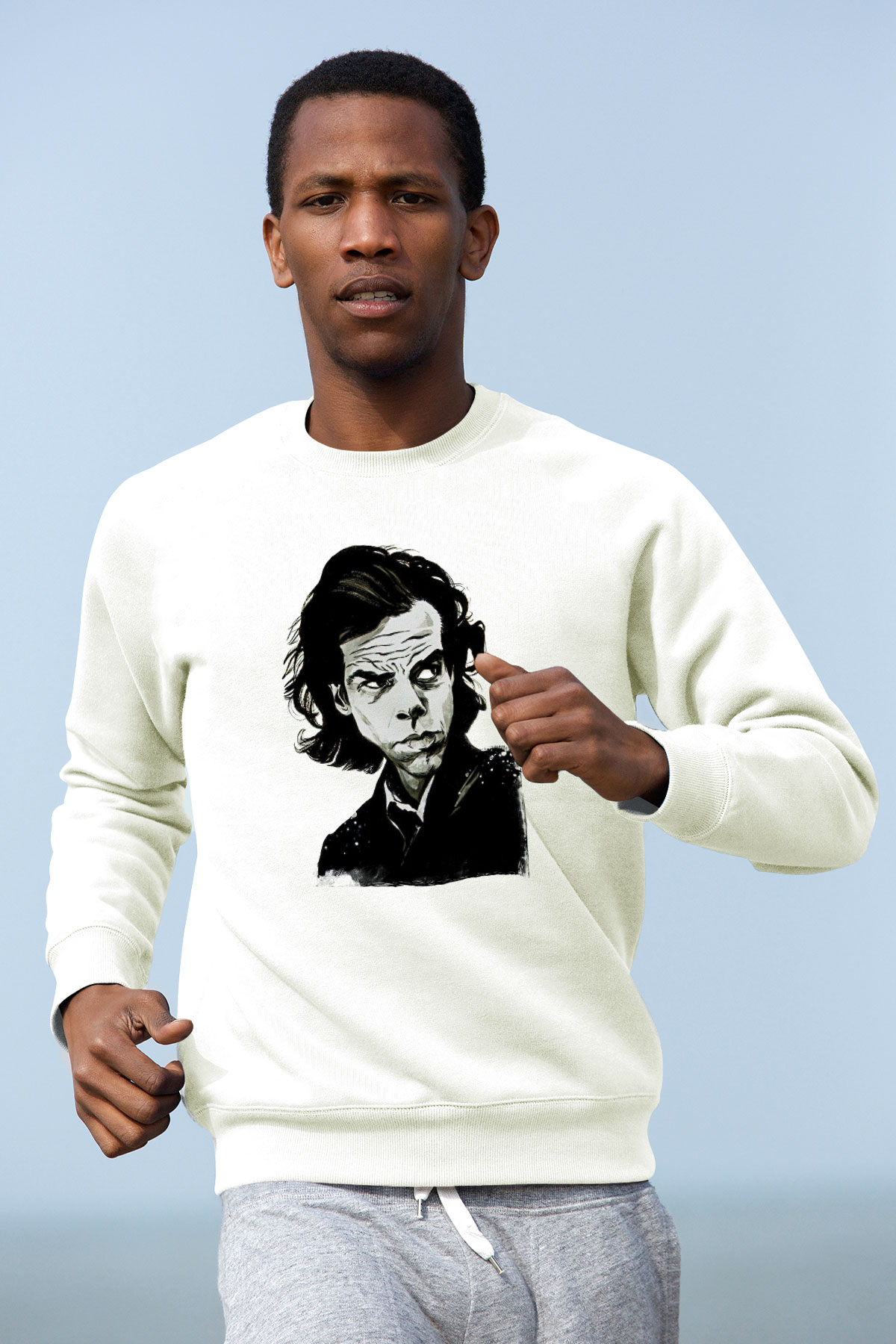 Nick Cave Baskılı Beyaz Unisex Sweatshirt
