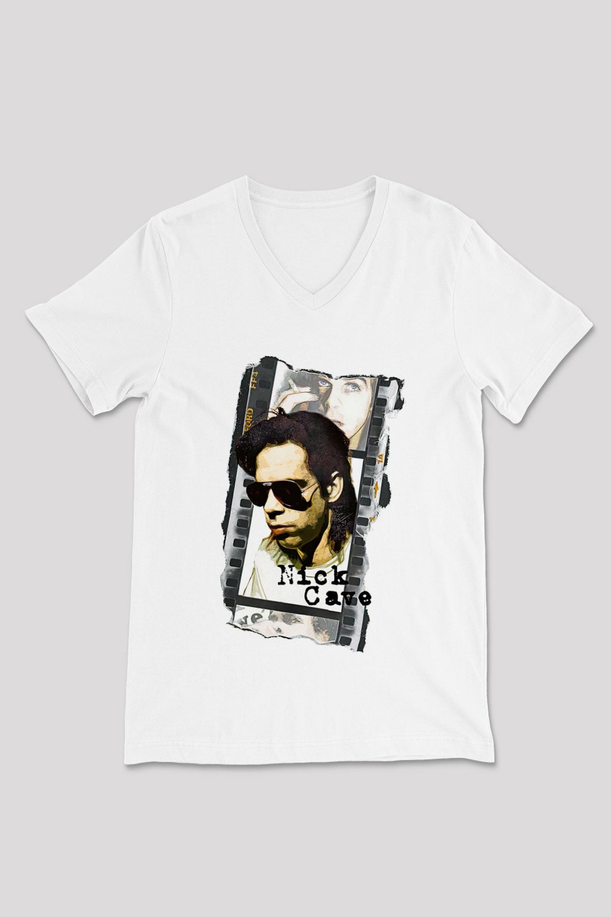 Nick Cave Baskılı Beyaz Unisex V Yaka Tişört - Tshirt
