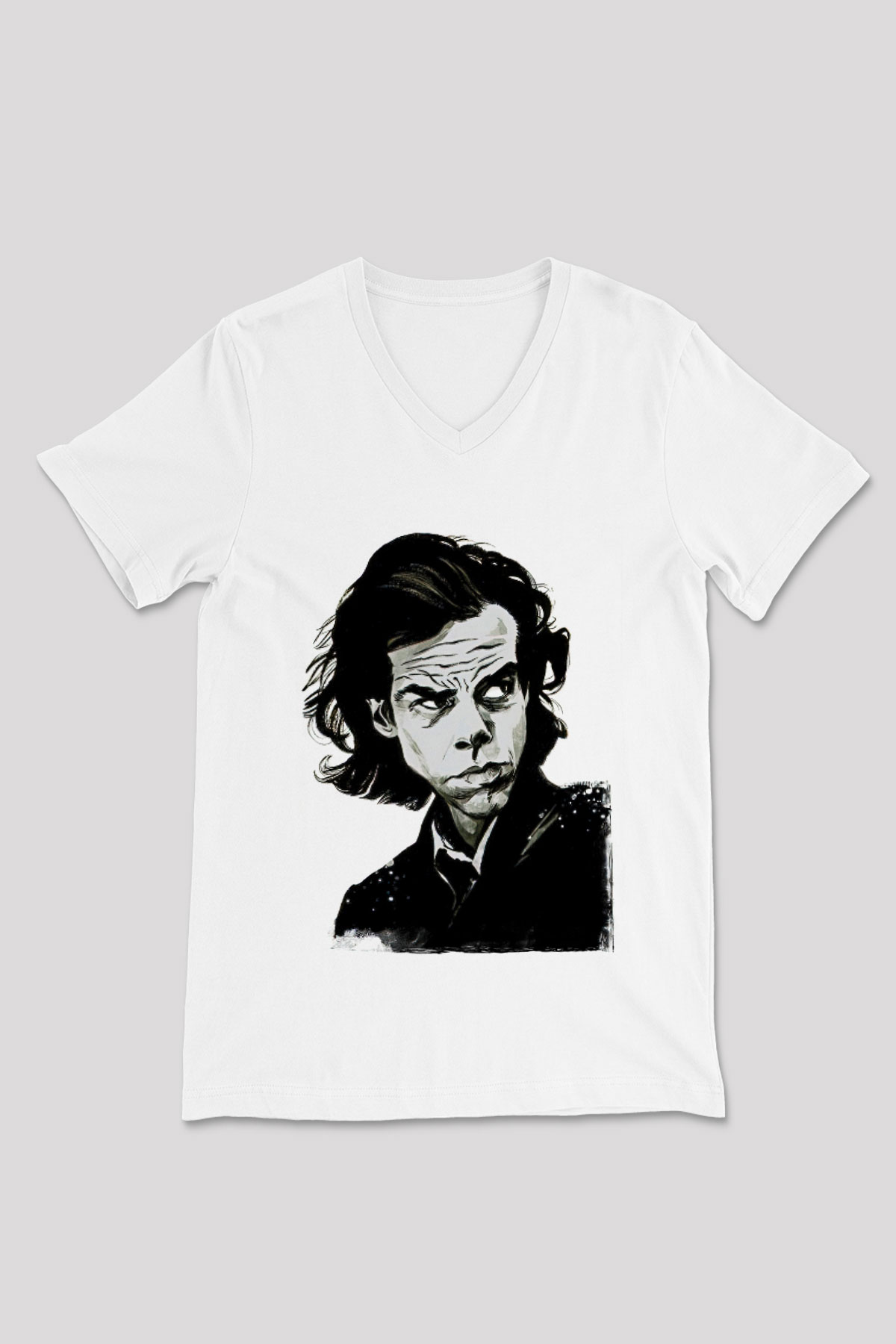 Nick Cave Baskılı Beyaz Unisex V Yaka Tişört - Tshirt