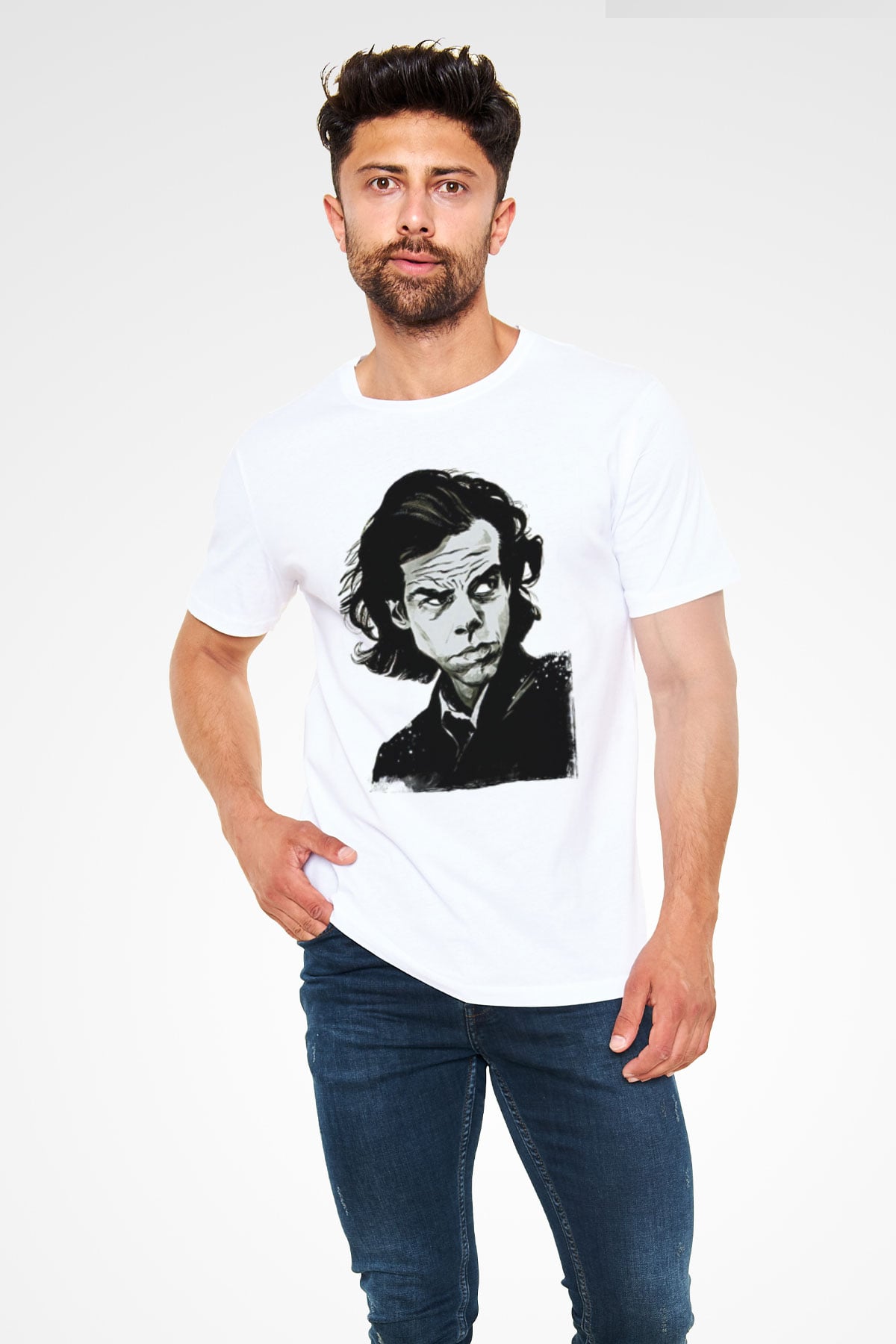 Nick Cave Baskılı Unisex Beyaz Tişört - Tshirt