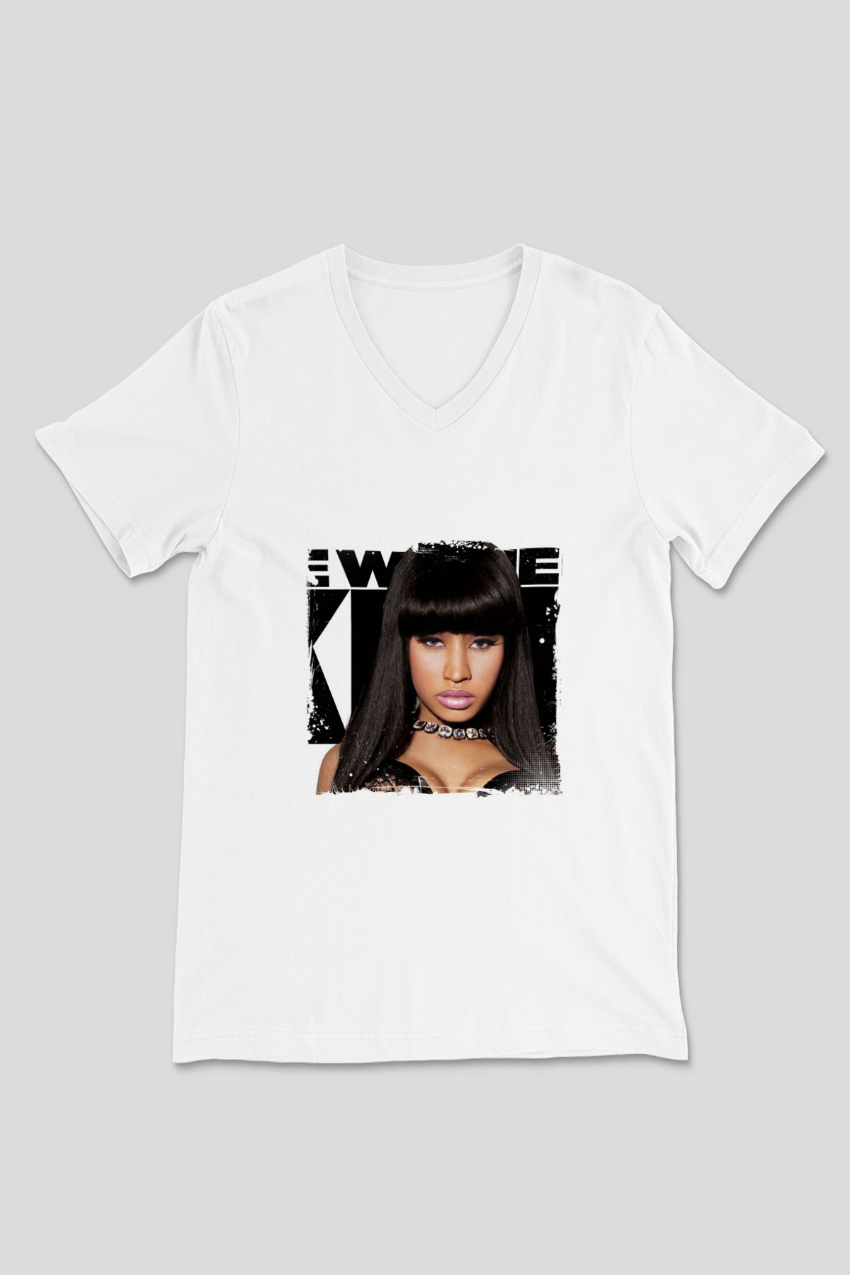 Nicki Minaj Baskılı Beyaz V Yaka Unisex Tişört