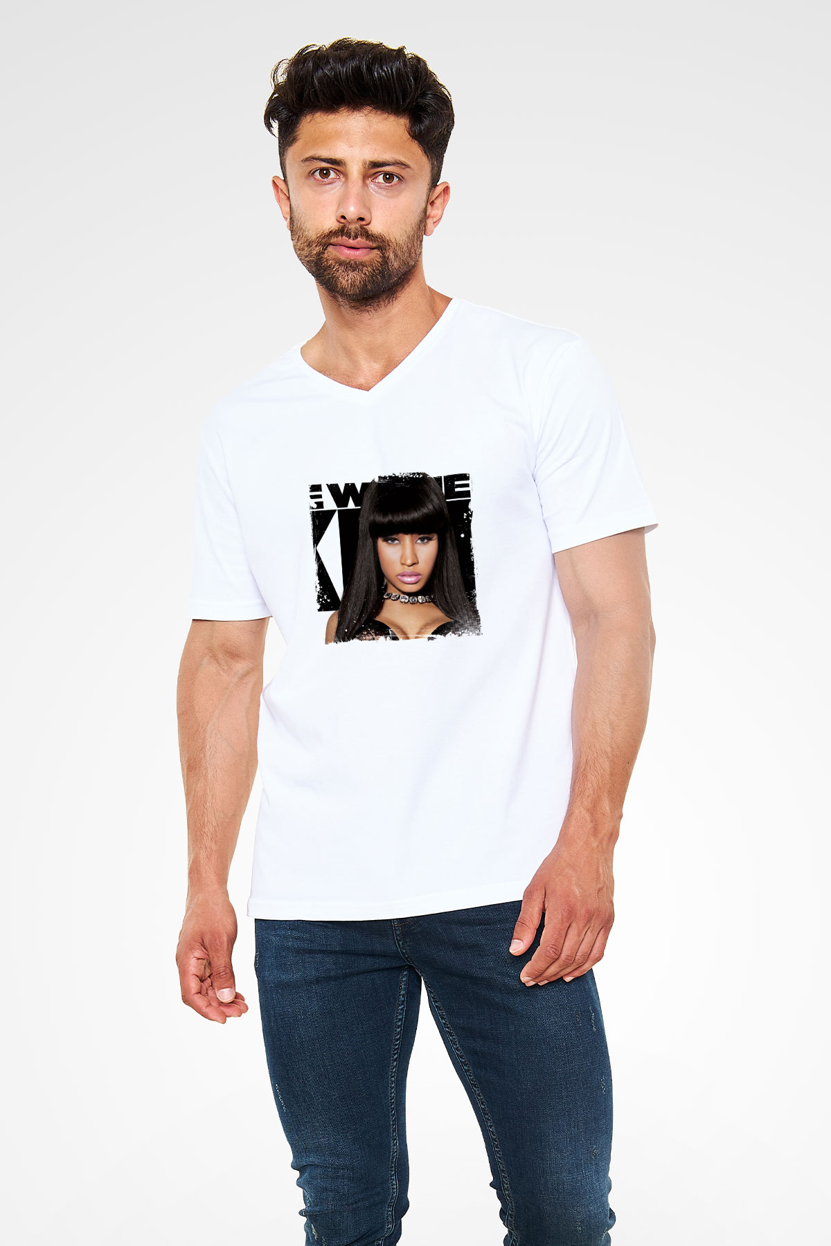 Nicki Minaj Baskılı Beyaz V Yaka Unisex Tişört
