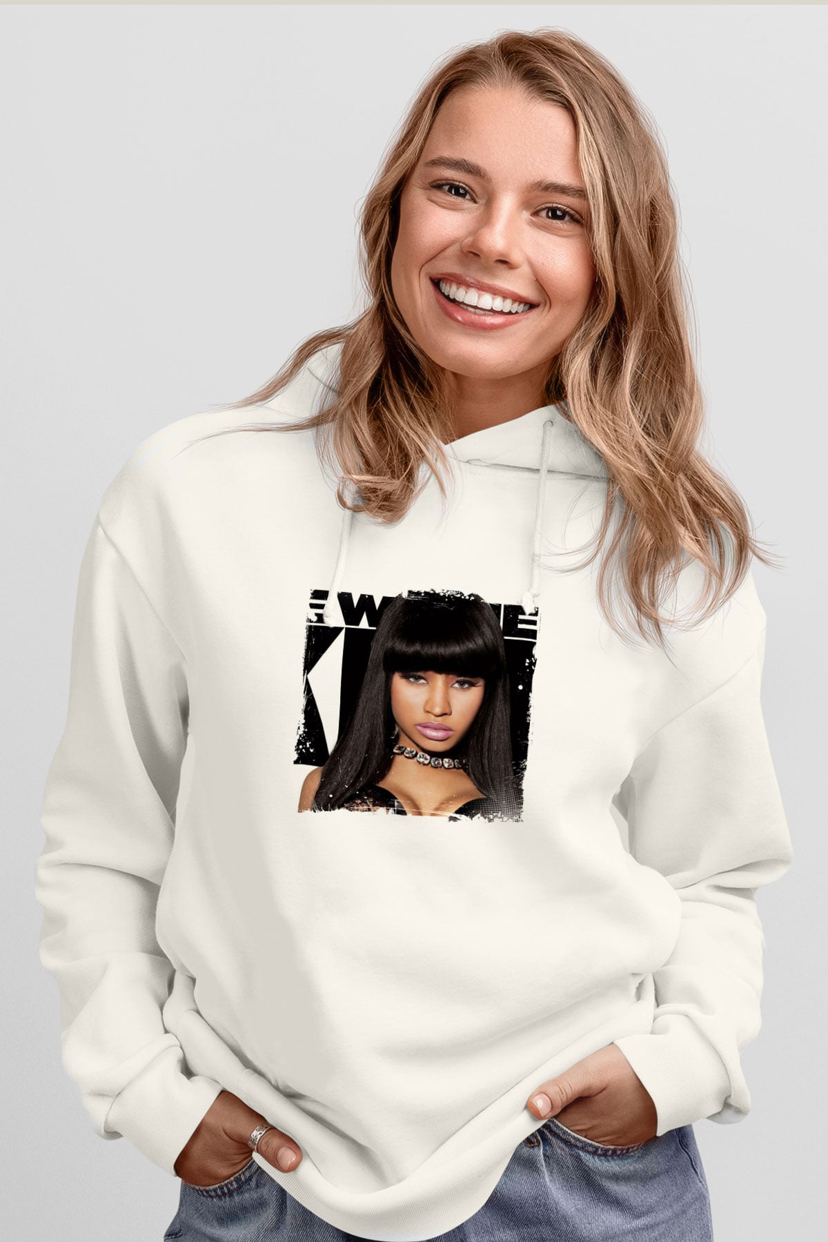 Nicki Minaj Baskılı Unisex Beyaz Kapüşonlu Sweatshirt