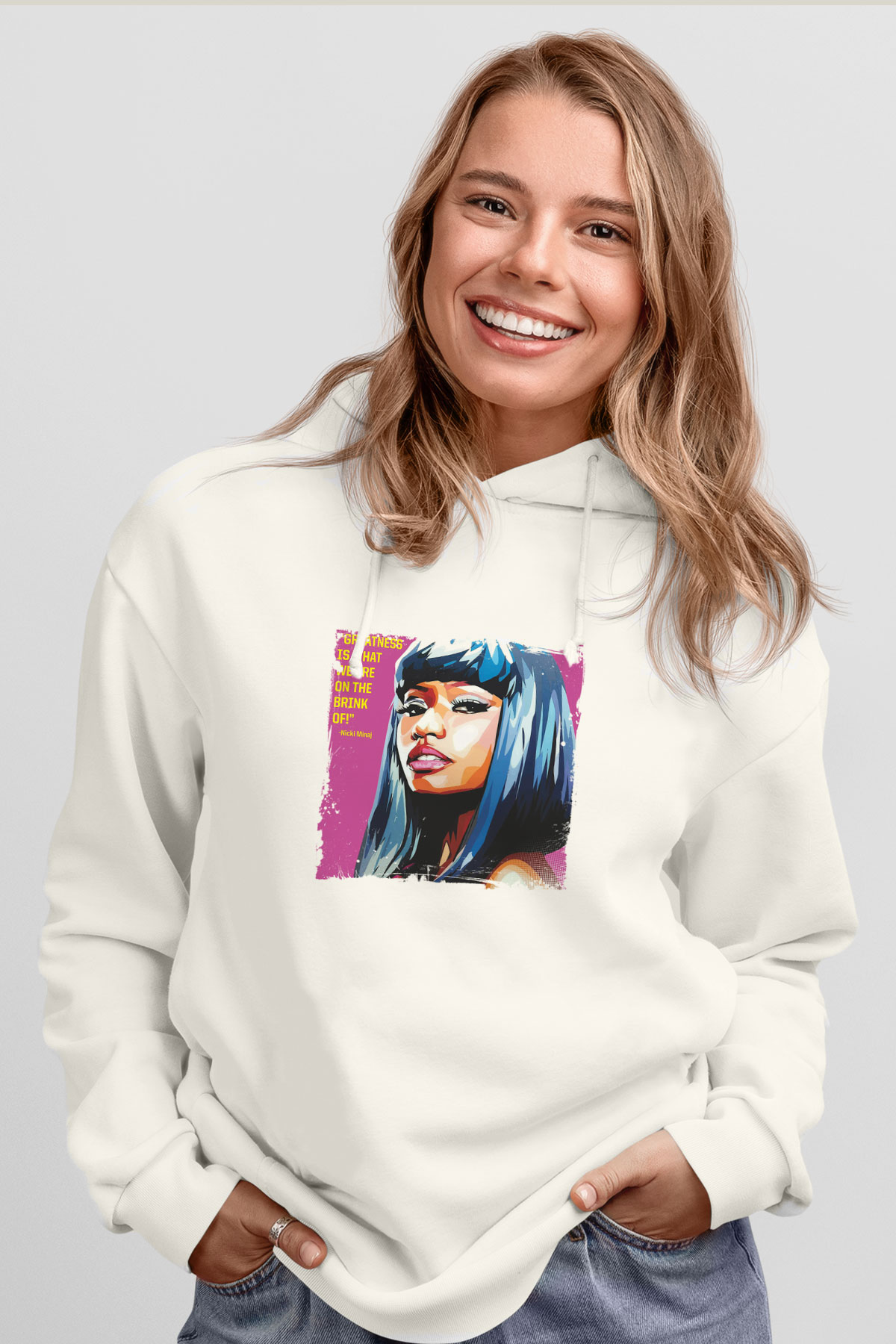 Nicki Minaj Baskılı Unisex Beyaz Kapüşonlu Sweatshirt