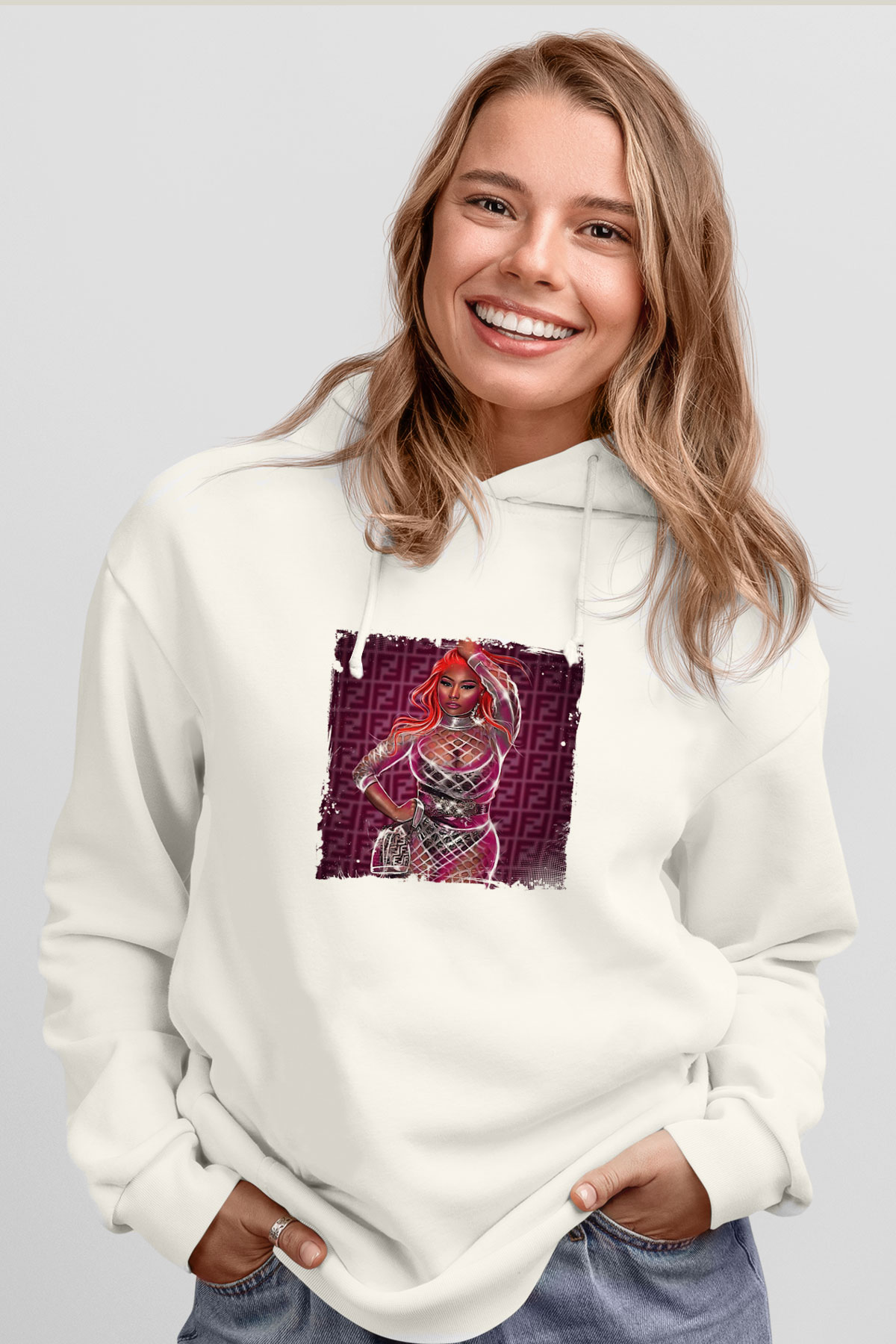 Nicki Minaj Baskılı Unisex Beyaz Kapüşonlu Sweatshirt