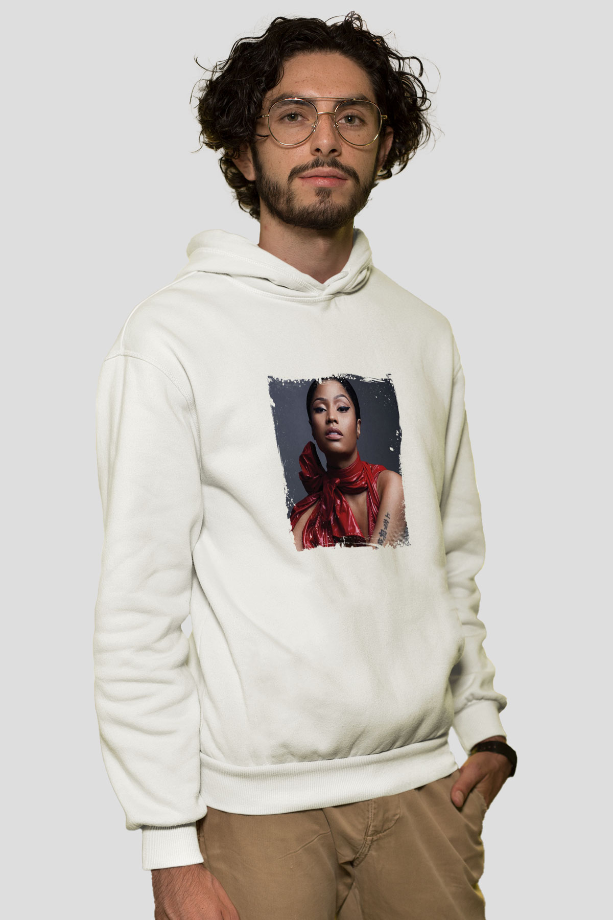Nicki Minaj Baskılı Unisex Beyaz Kapüşonlu Sweatshirt