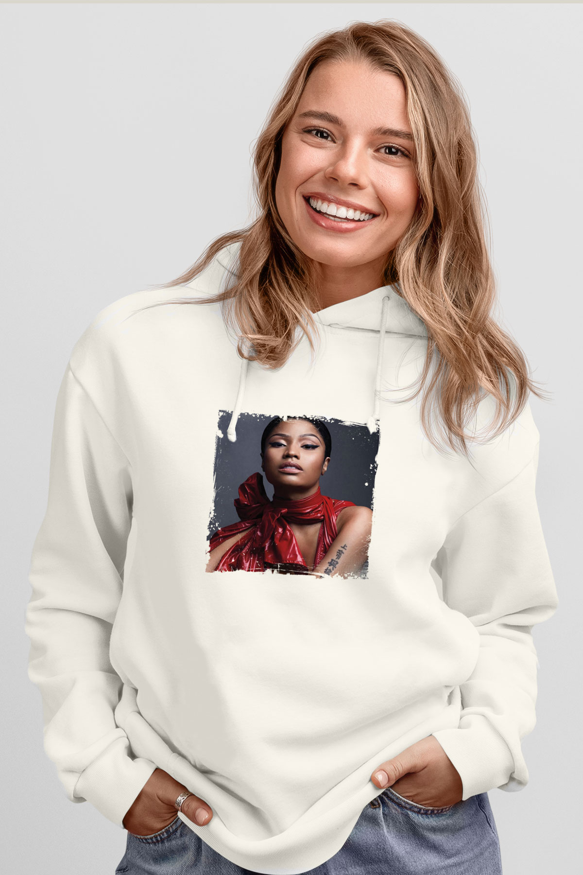 Nicki Minaj Baskılı Unisex Beyaz Kapüşonlu Sweatshirt