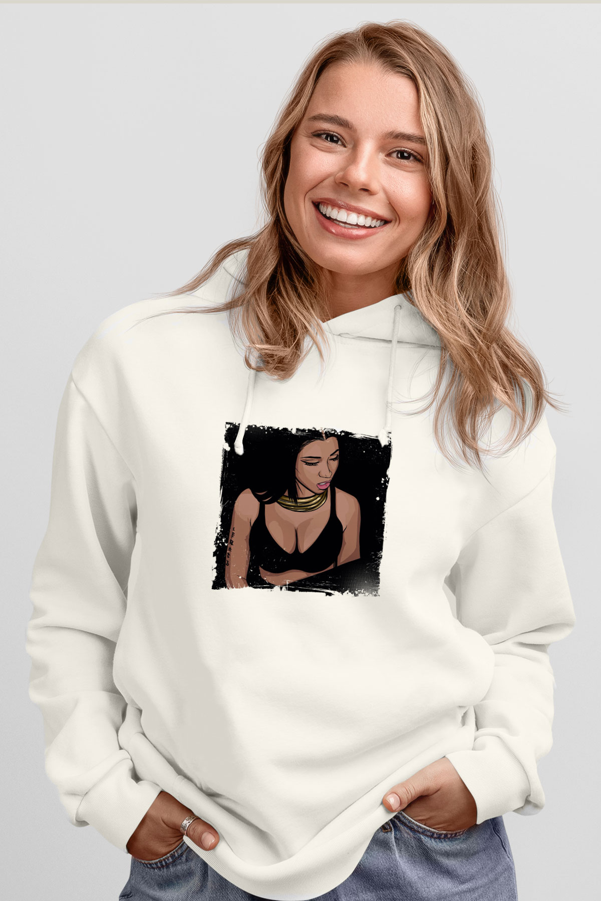 Nicki Minaj Baskılı Unisex Beyaz Kapüşonlu Sweatshirt