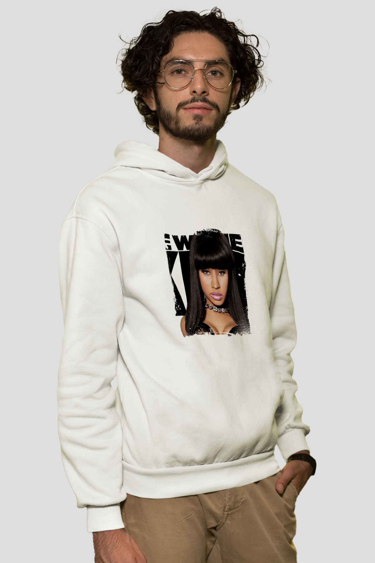 Nicki Minaj Baskılı Unisex Beyaz Kapüşonlu Sweatshirt