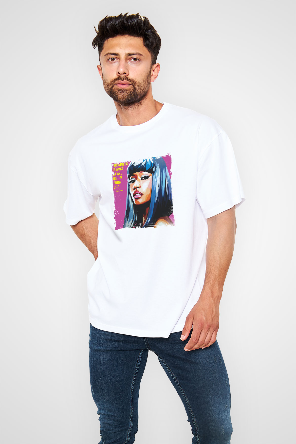 Nicki Minaj Baskılı Oversize Beyaz Tişört