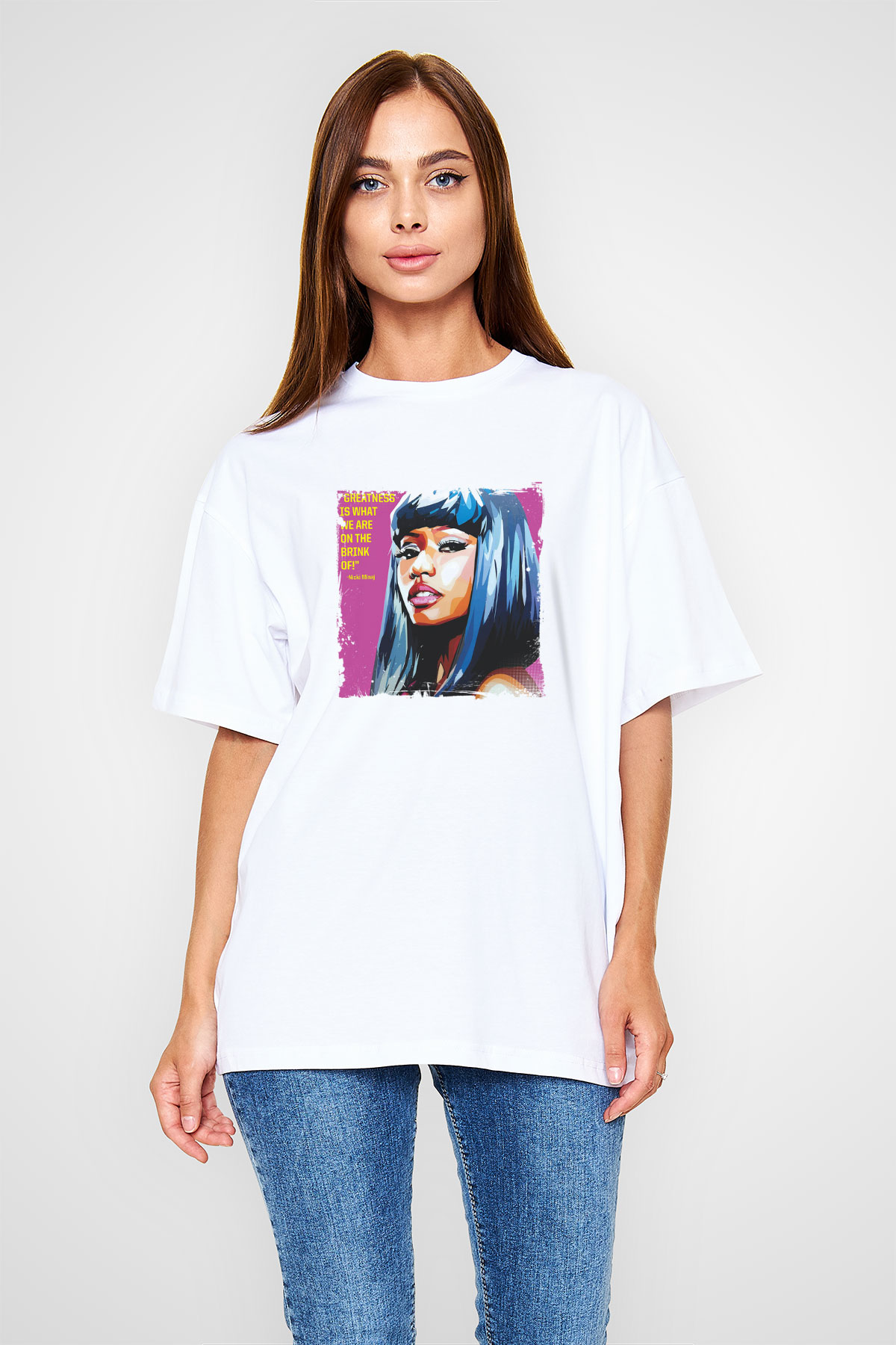 Nicki Minaj Baskılı Oversize Beyaz Tişört