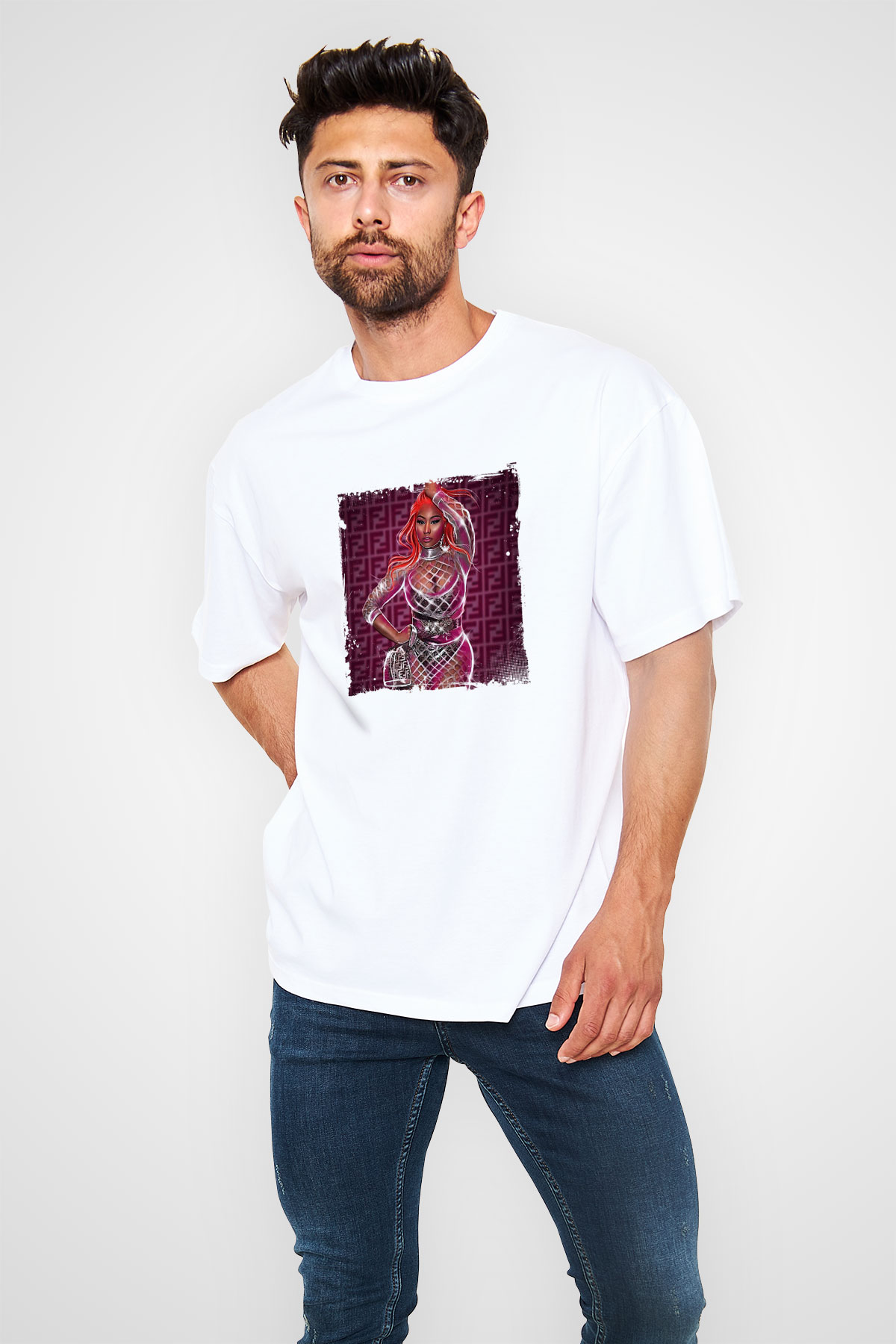 Nicki Minaj Baskılı Oversize Beyaz Tişört
