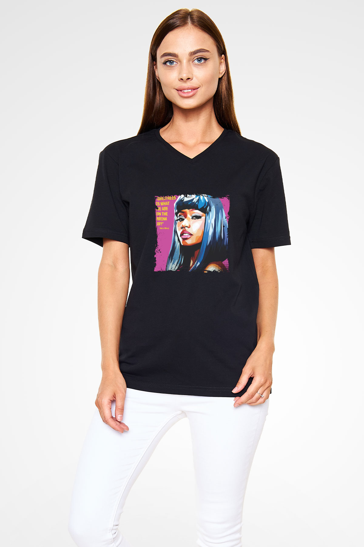 Nicki Minaj Baskılı Unisex Siyah V Yaka Tişört