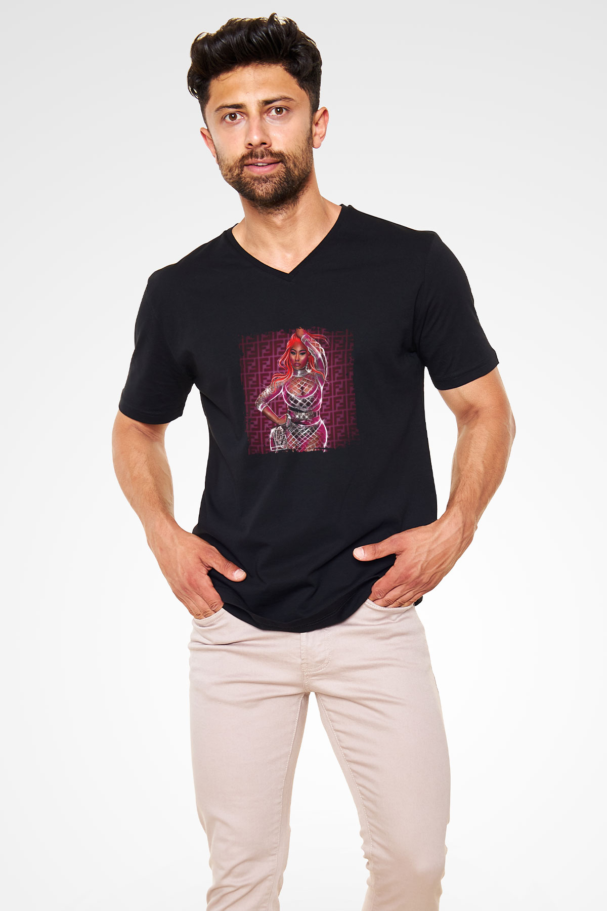 Nicki Minaj Baskılı Unisex Siyah V Yaka Tişört