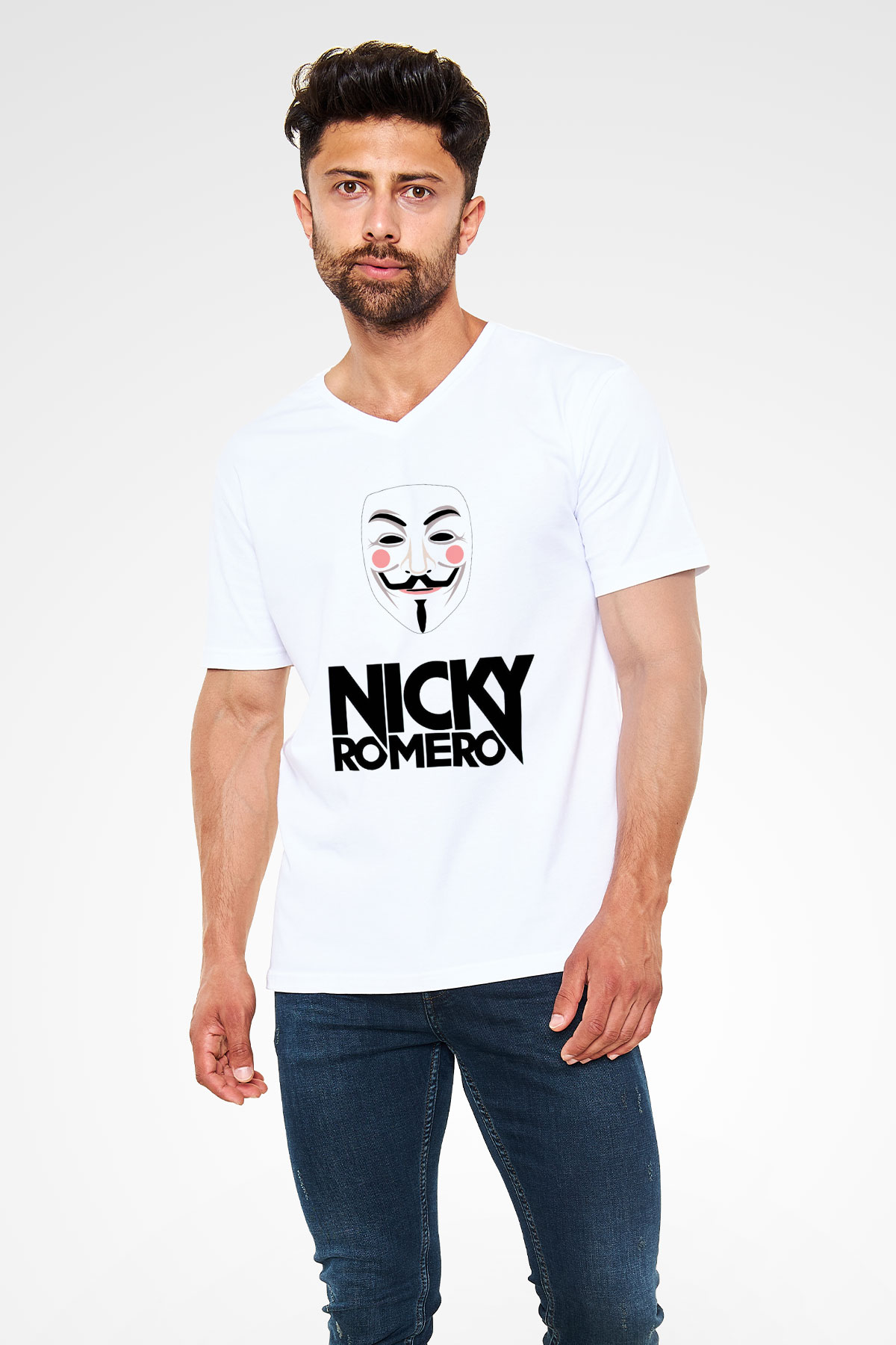 Nicky Romero Beyaz Unisex V Yaka Tişört T-Shirt