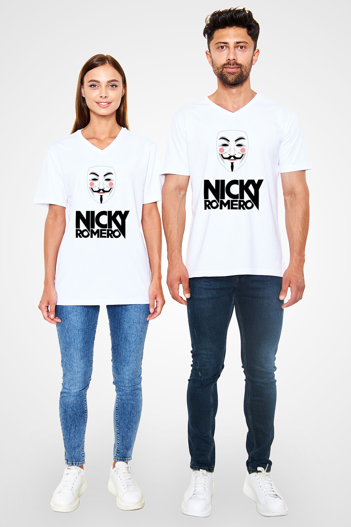 Nicky Romero Beyaz Unisex V Yaka Tişört T-Shirt